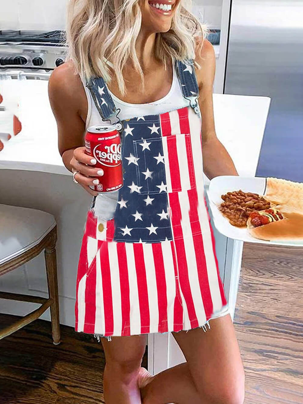 Independence Day Flag Print Pocket Strap Mini Dress