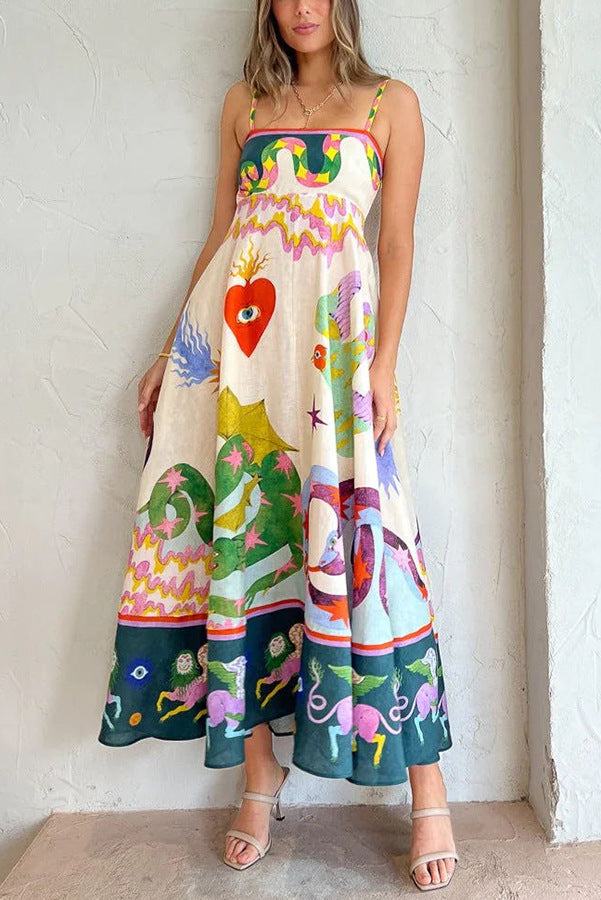 Linen Blend Unique Print Smocked Back Pocketed Midi Dress