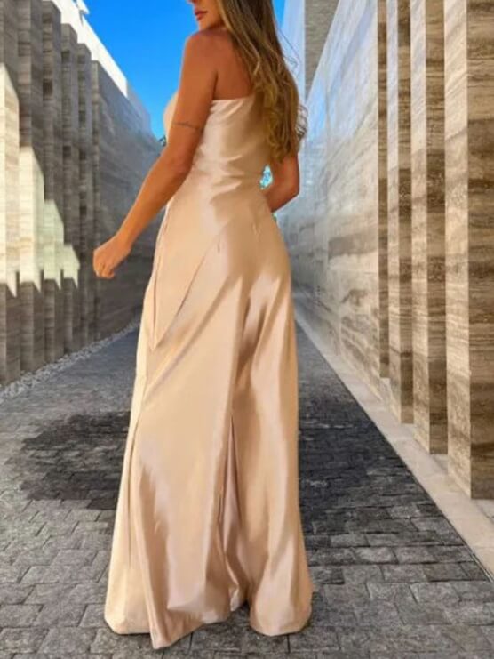 Strapless Asymmetric Drape Wide-Leg Prom Jumpsuit