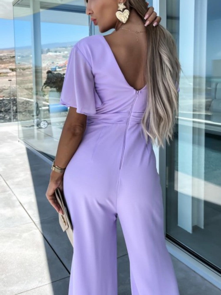 V Neck Mousseline Flutter Sleeve Jumpsuit In Lilas