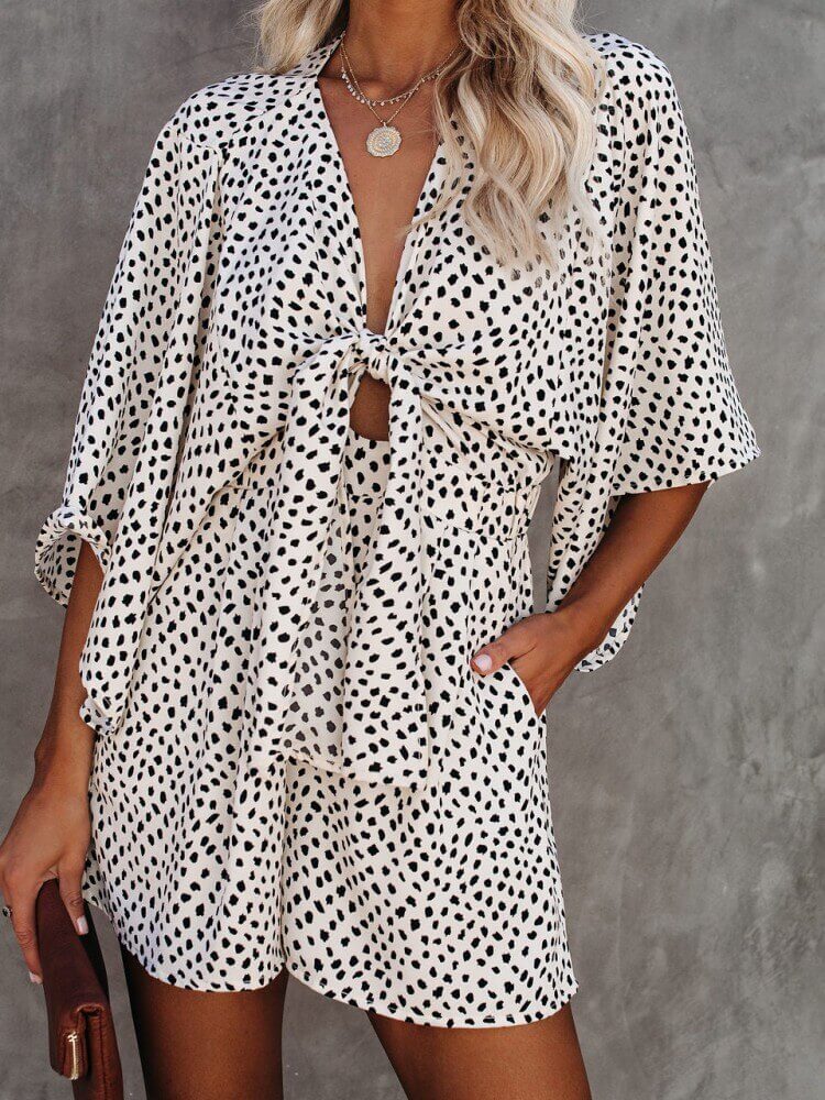 V-Neck Polka Dots Printed Pocketed Tie Romper