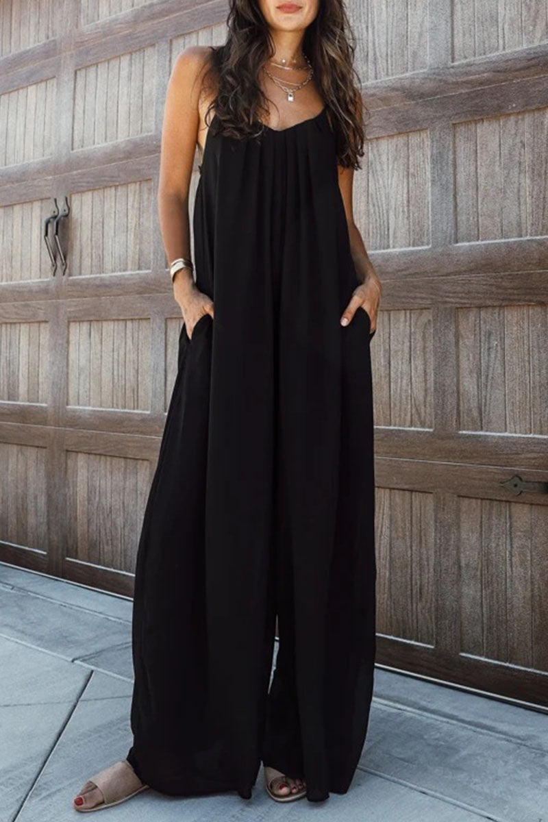 Solid Patchwork Spaghetti Strap Oversized Maxi Jumpsuit In Black