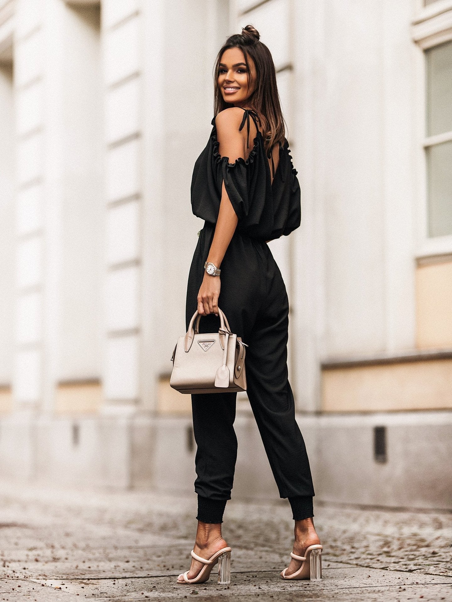 V Neck Cold Shoulder Pencil Pants Jumpsuit