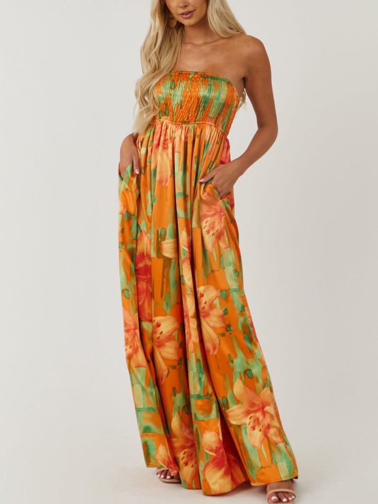 Sunset Floral  Smocked Tube Jumpsuit