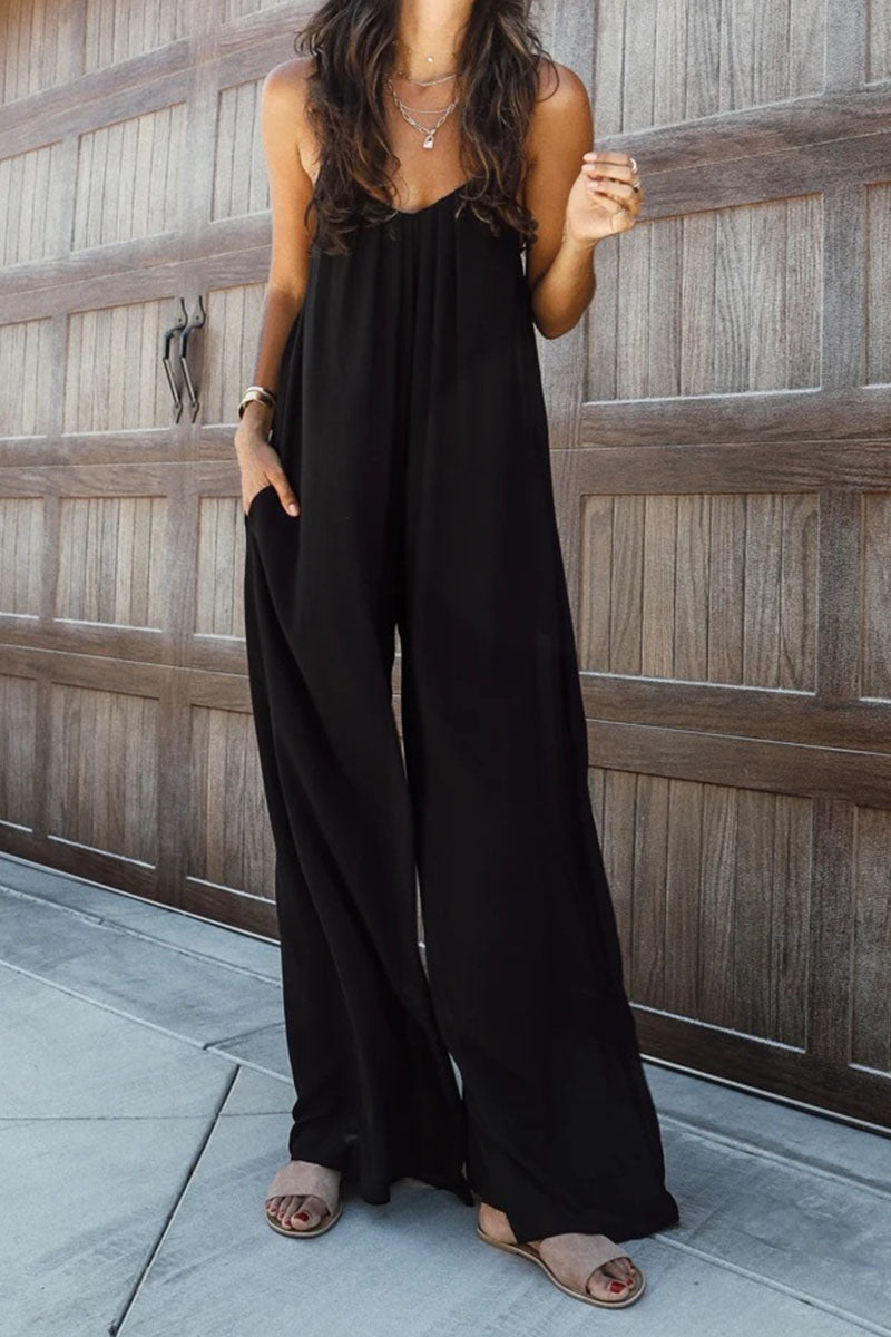 Solid Patchwork Spaghetti Strap Oversized Maxi Jumpsuit In Black