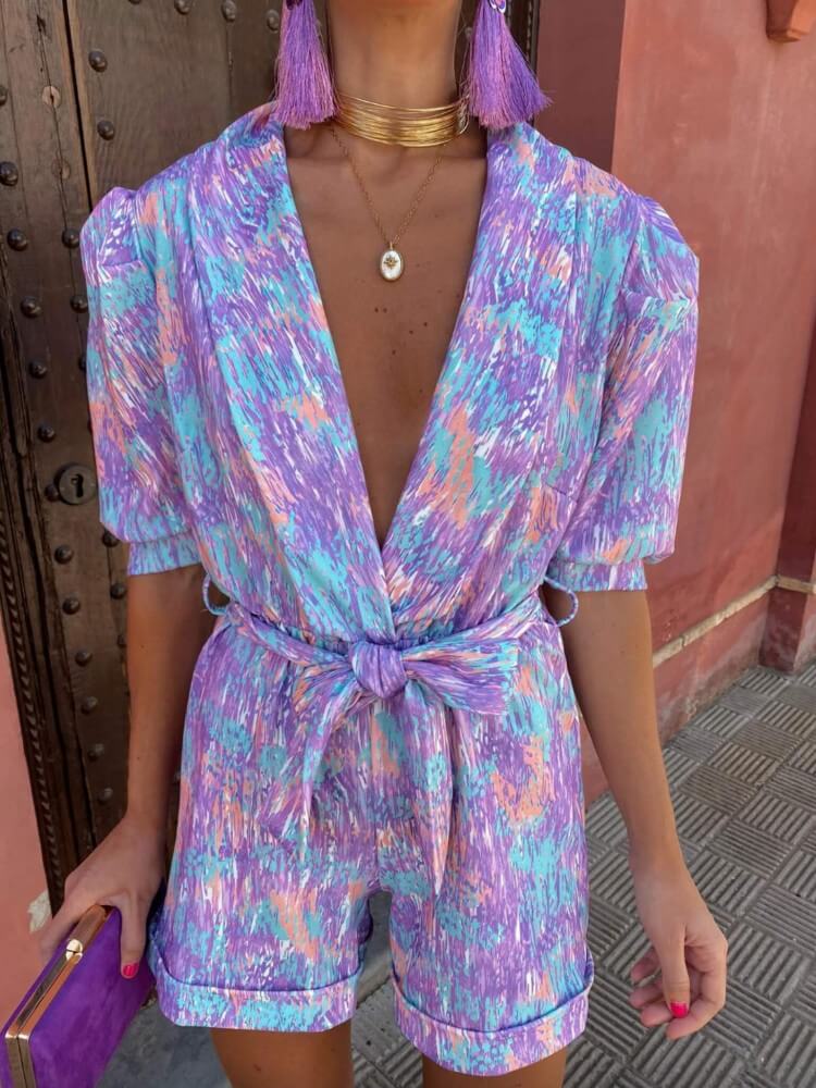 Candy Floral Puff Sleeves Romper In Purple