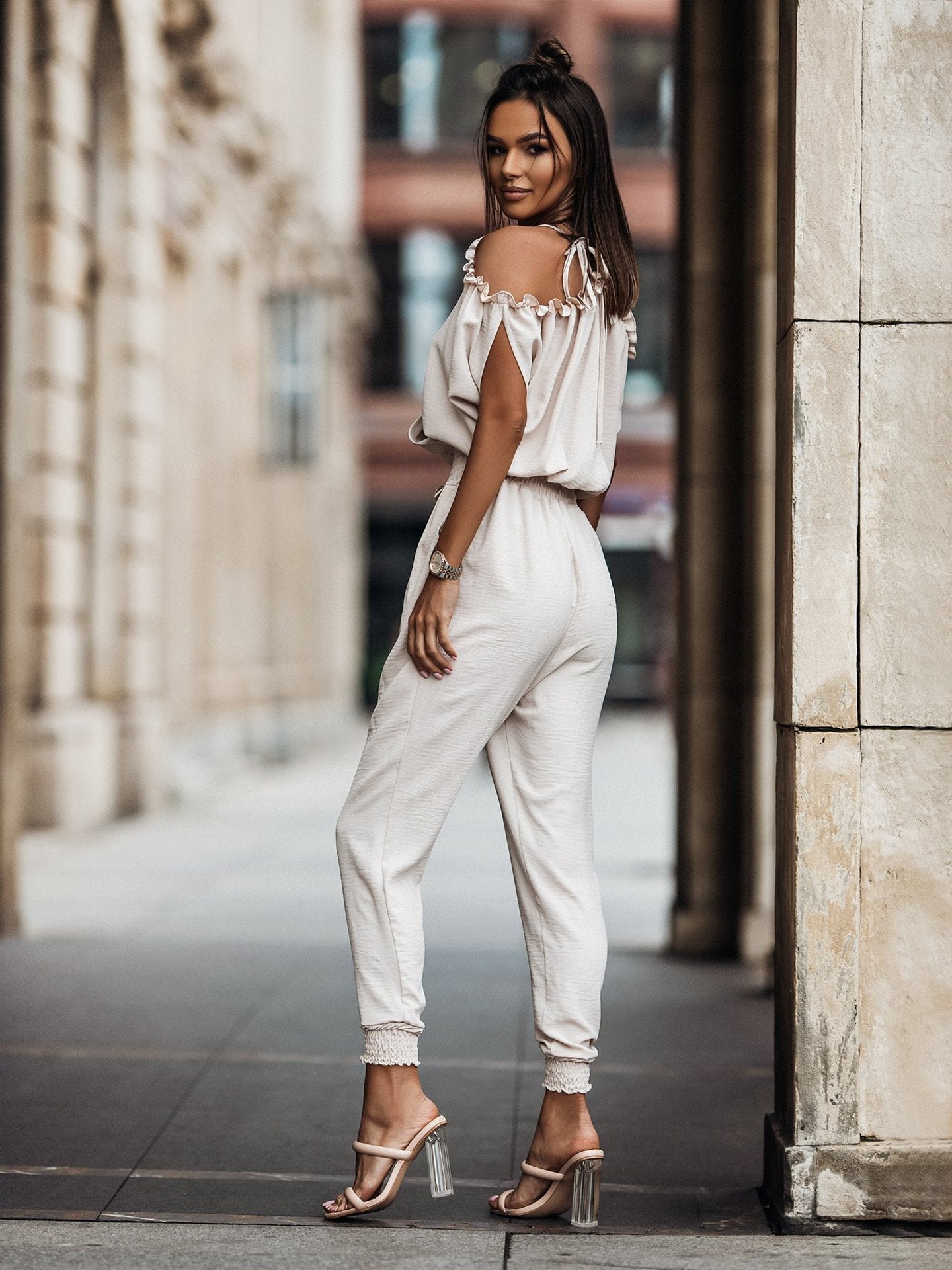 V Neck Cold Shoulder Pencil Pants Jumpsuit