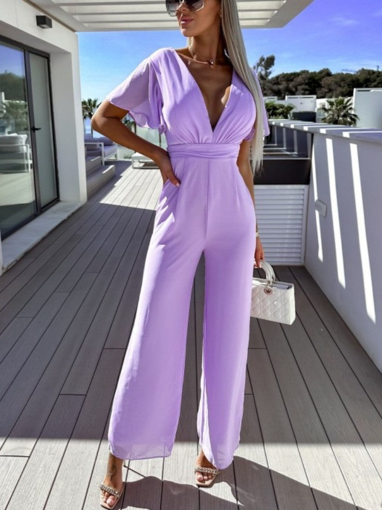 V Neck Mousseline Flutter Sleeve Jumpsuit In Lilas