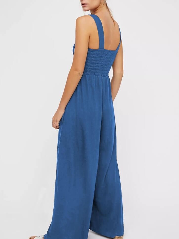 Smocked Pocketed Jumpsuit In Dusty Blue