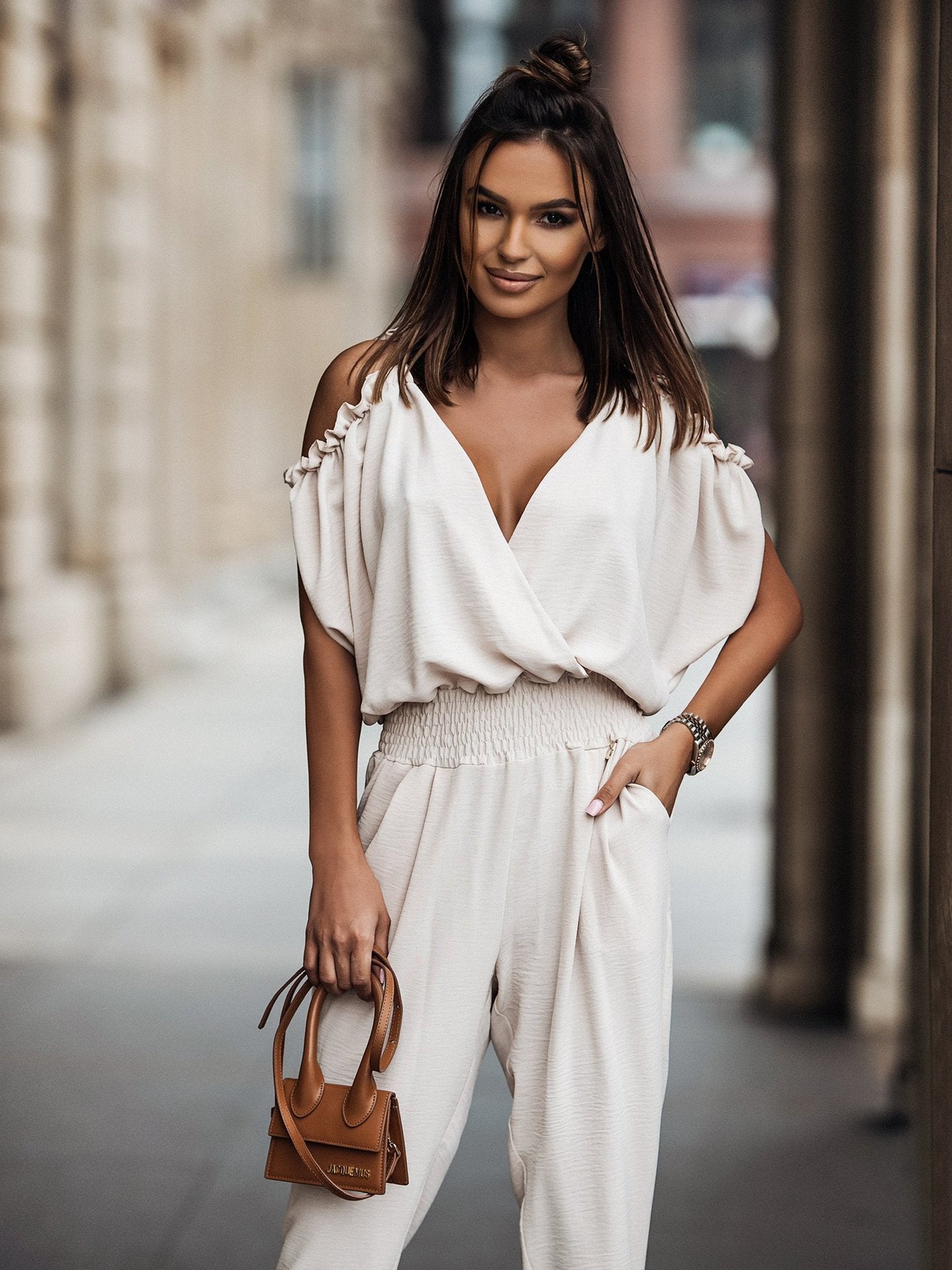 V Neck Cold Shoulder Pencil Pants Jumpsuit