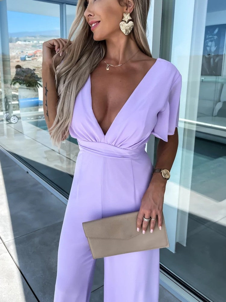 V Neck Mousseline Flutter Sleeve Jumpsuit In Lilas