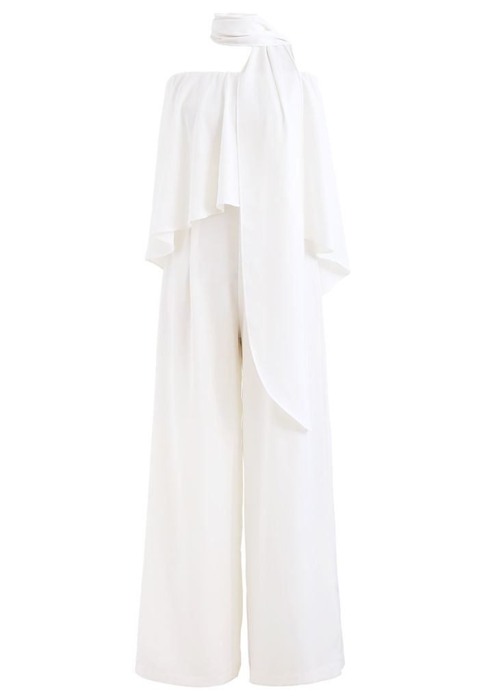 Off-Shoulder Flap Scarf Chiffon White Jumpsuit