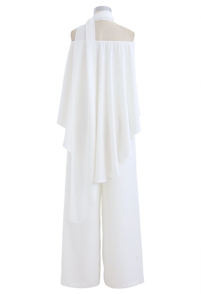 Off-Shoulder Flap Scarf Chiffon White Jumpsuit