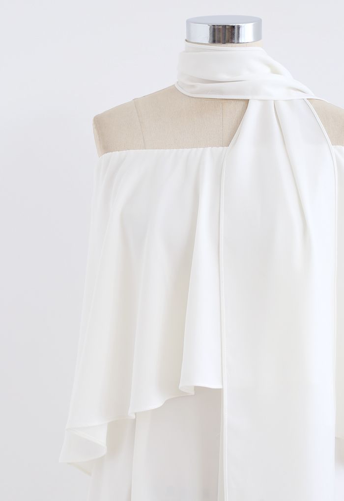 Off-Shoulder Flap Scarf Chiffon White Jumpsuit