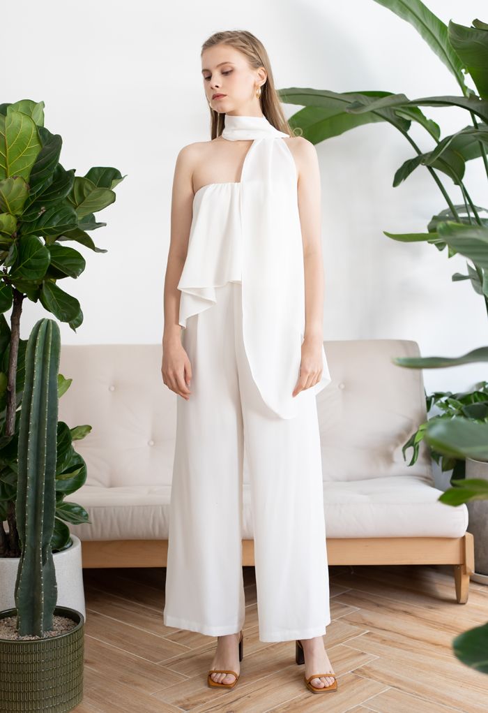 Off-Shoulder Flap Scarf Chiffon White Jumpsuit