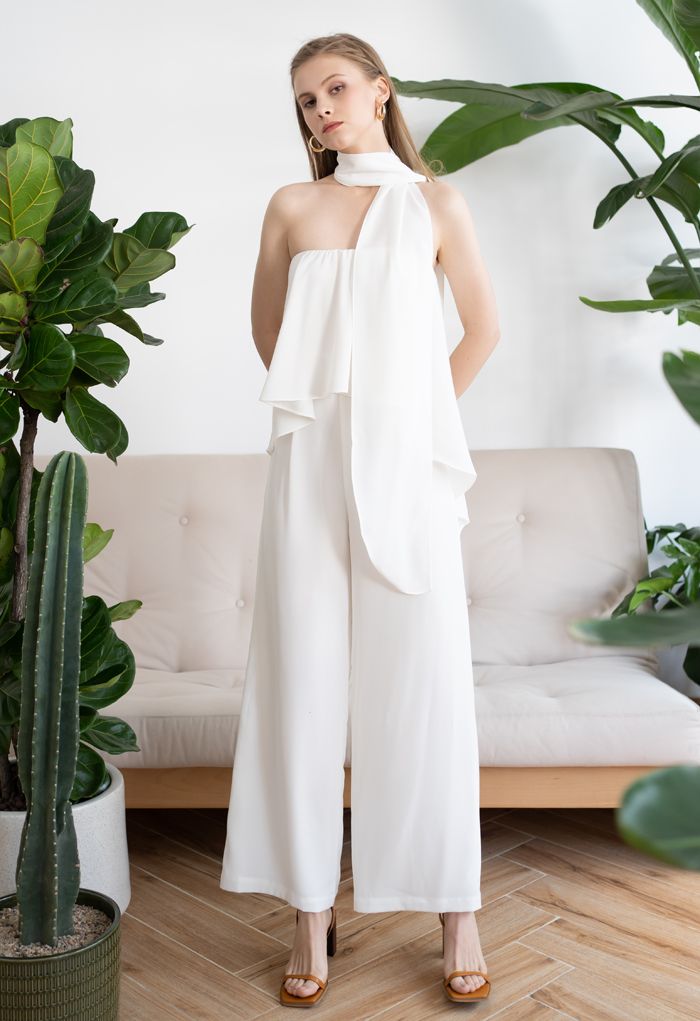 Off-Shoulder Flap Scarf Chiffon White Jumpsuit