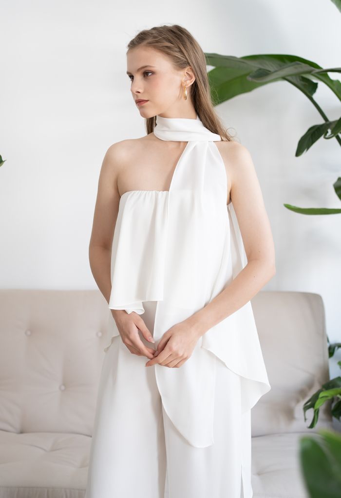 Off-Shoulder Flap Scarf Chiffon White Jumpsuit