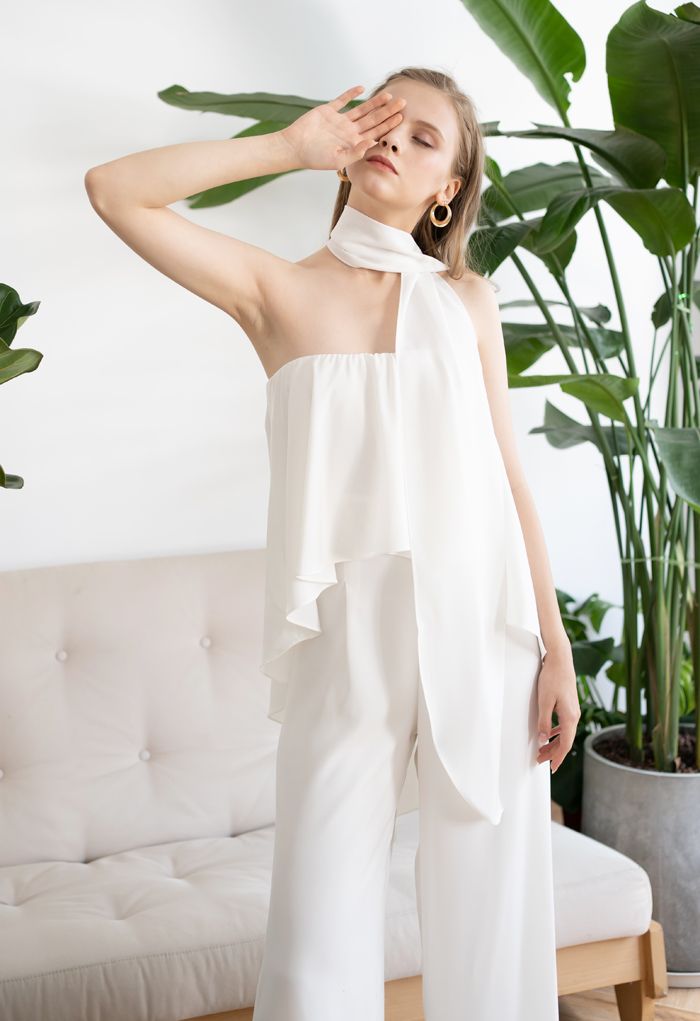 Off-Shoulder Flap Scarf Chiffon White Jumpsuit