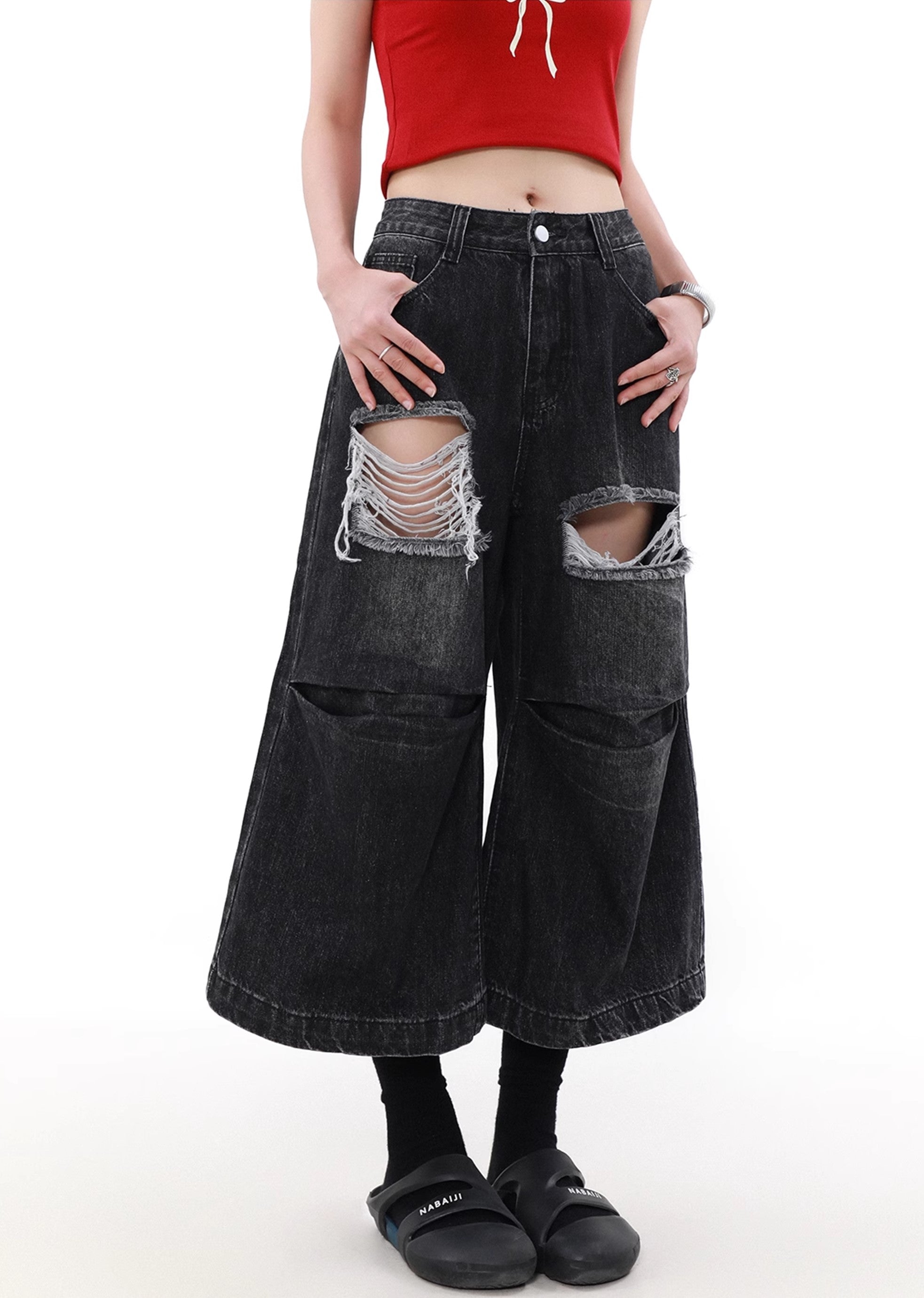 【MR nearly】Frayed double damage short silhouette denim pants  MR0118