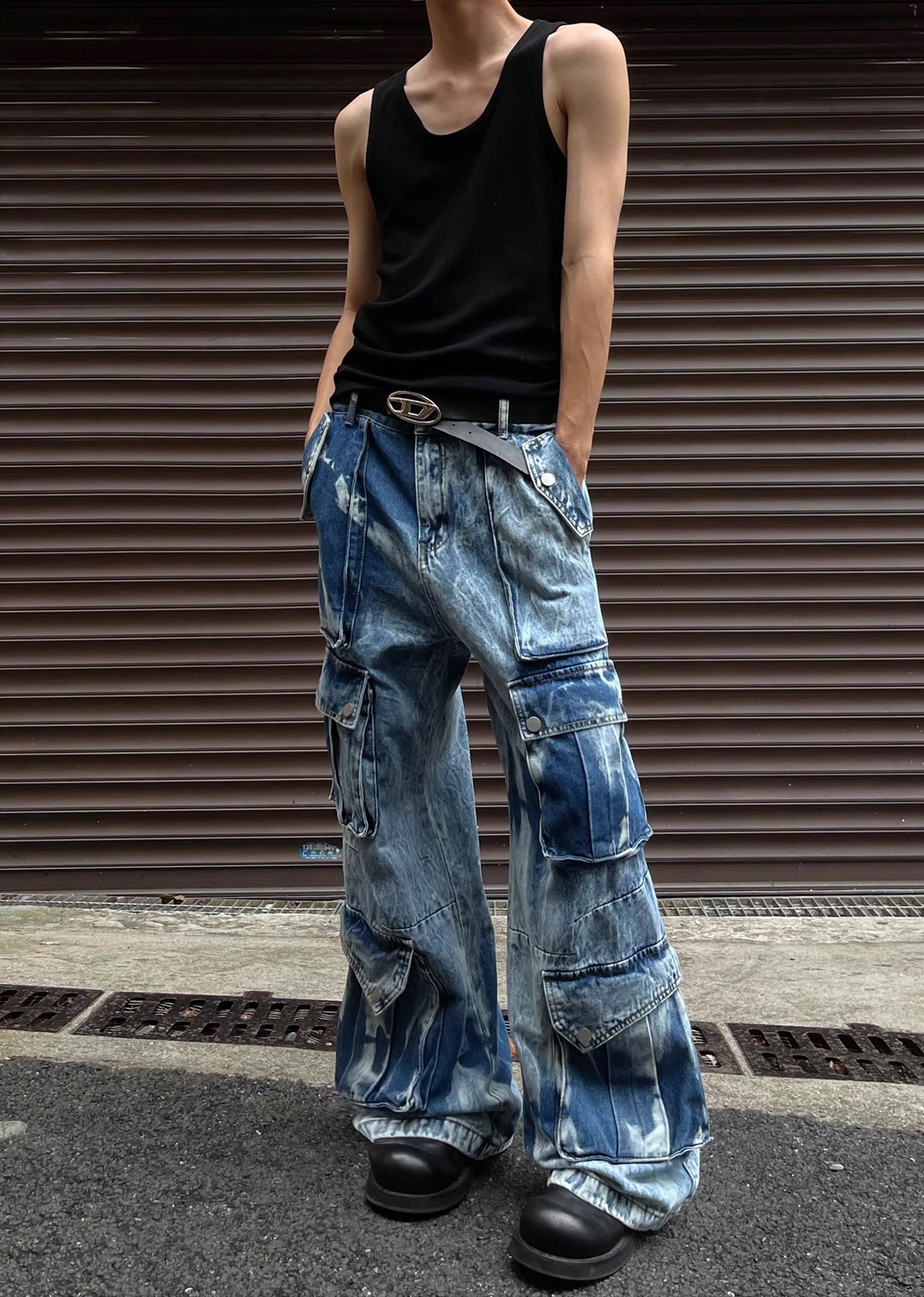 Random wash processing gimmick design blue denim pants