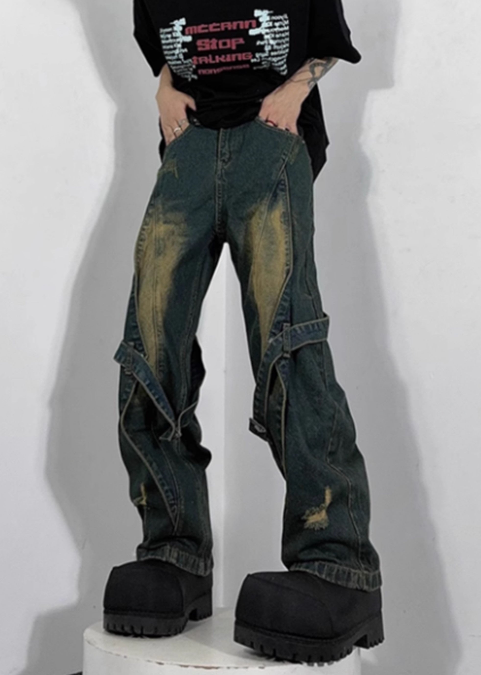 [76street] Dull washed vintage style suspender denim pants ST0008