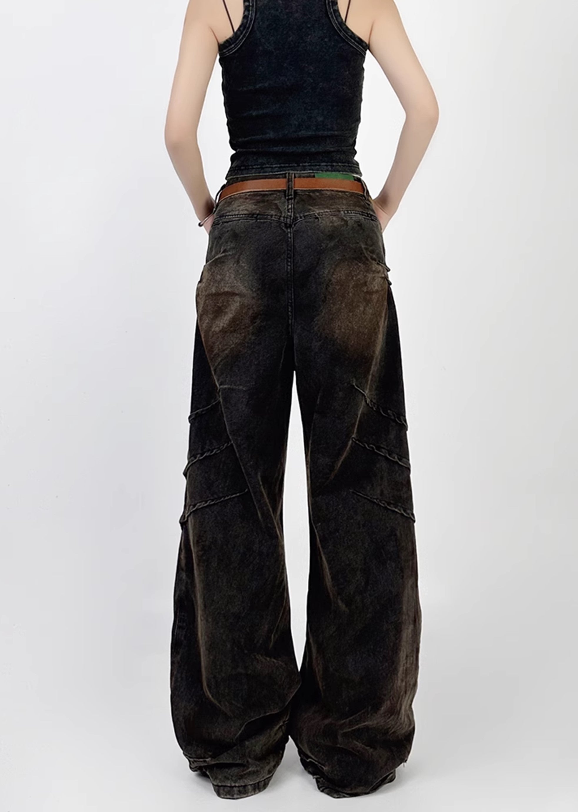 [4/29 New] Double claw mark design grunge rust color wide denim pants HL3039