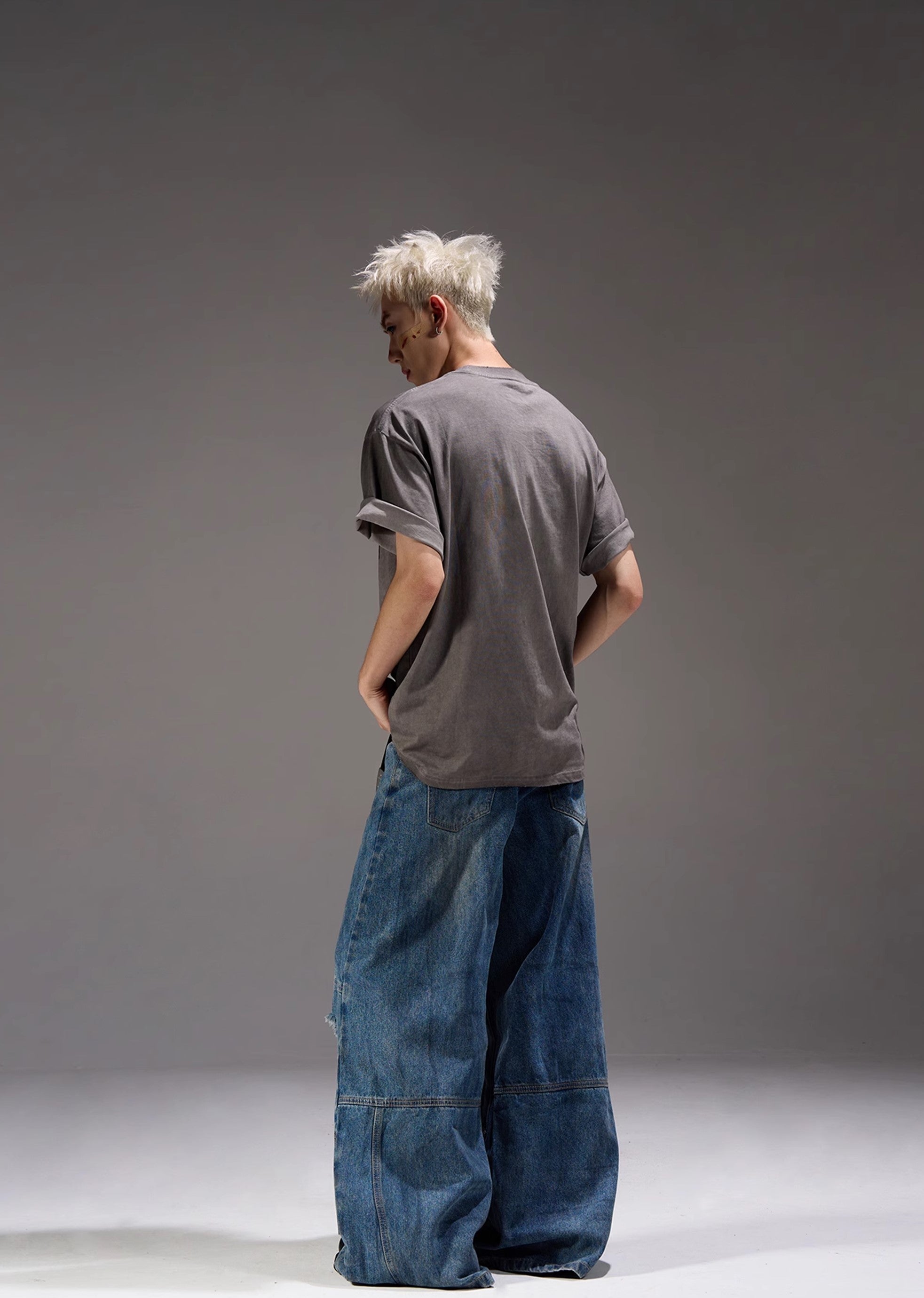 【MAXDSTR】Mid-length distressed dull blue wide denim pants  MD0160