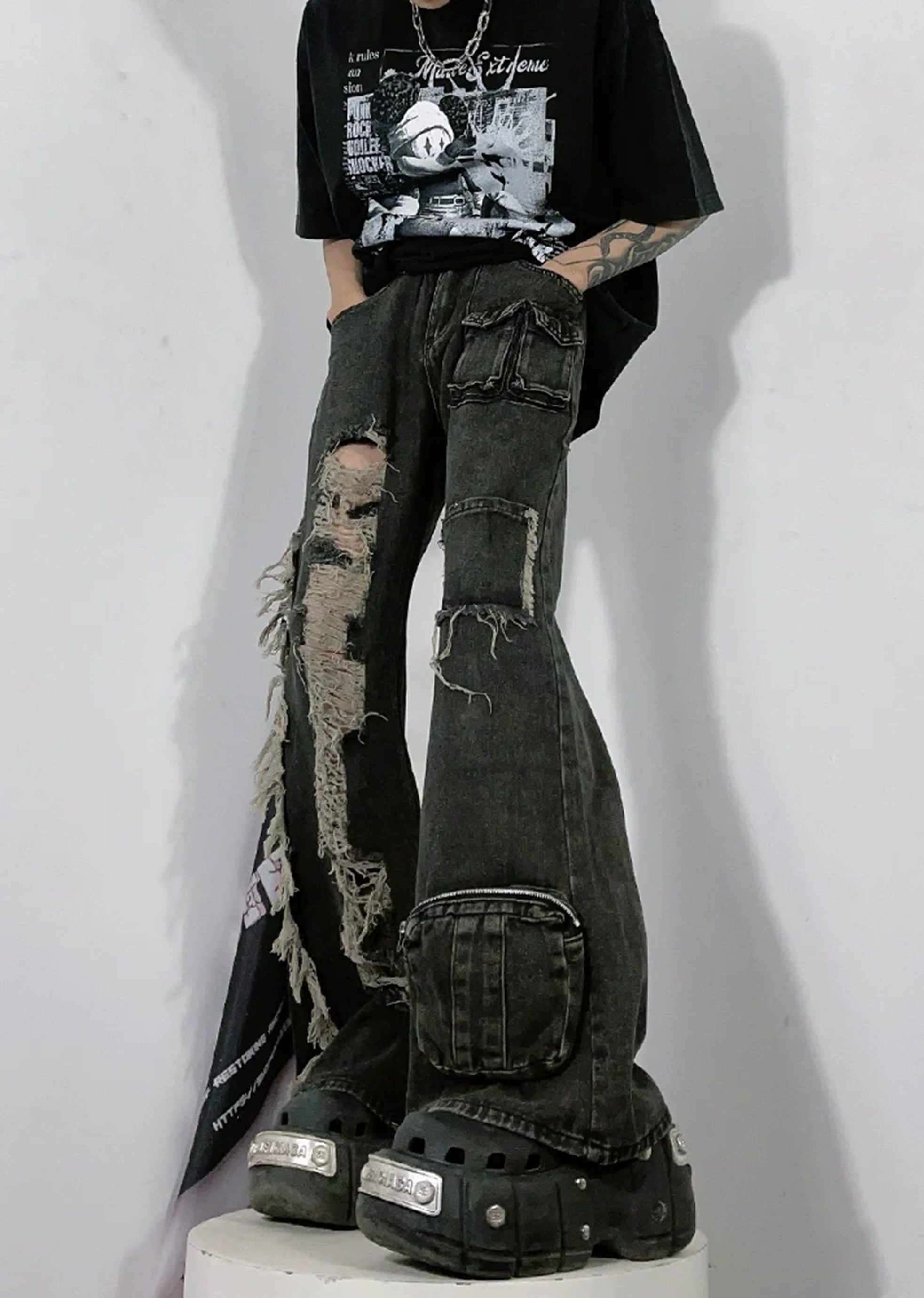 [76street] Left and right design wide cargo distressed silhouette denim pants ST0001