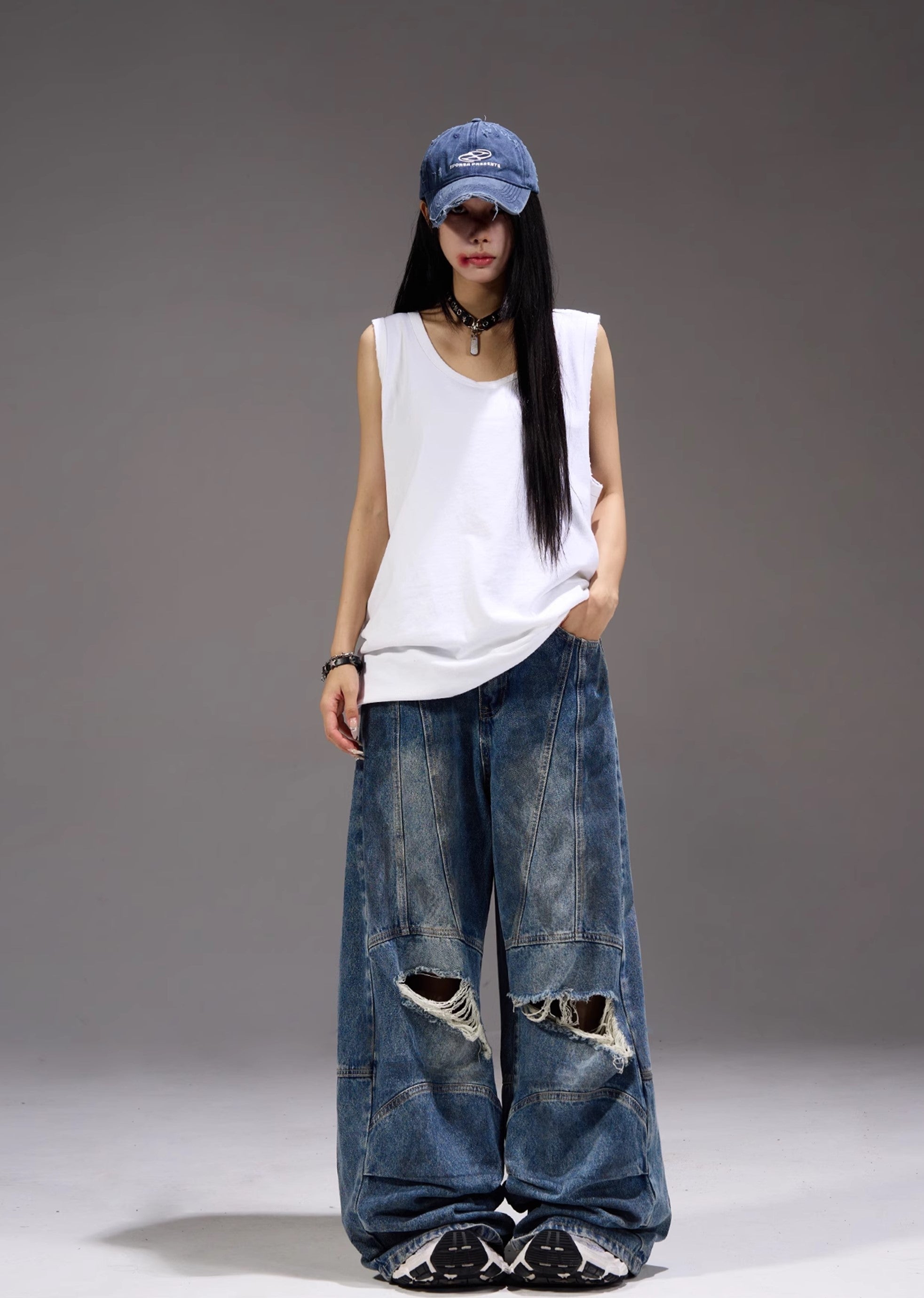 【MAXDSTR】Dull knee damage processing mid-light wide straight denim pants  MD0155