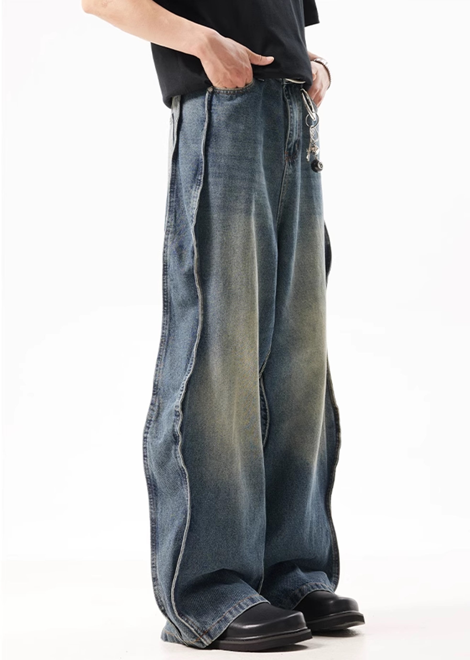 Unique side design line basic blue denim pants