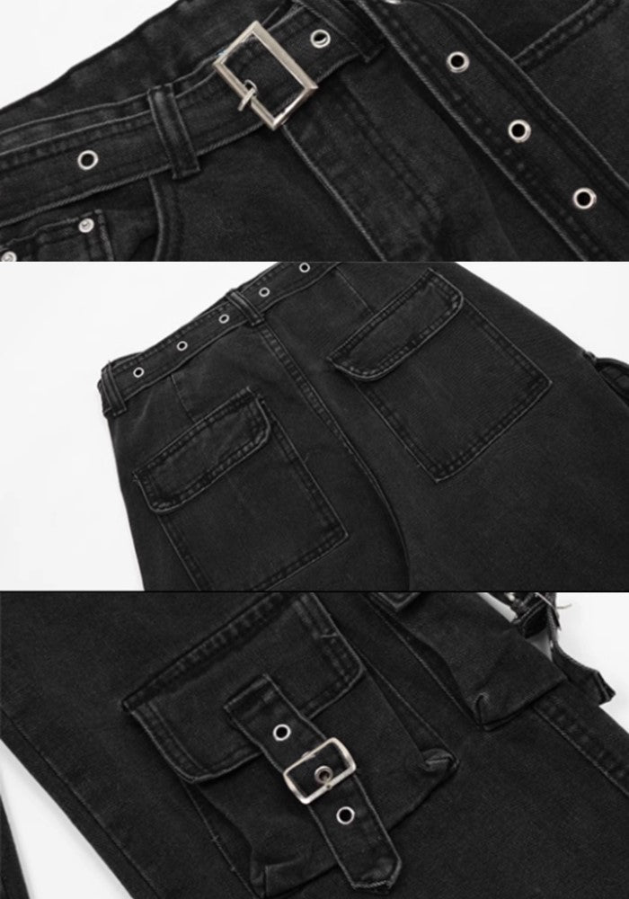 【TR BRUSHSHIFT】Thick fabric wide silhouette multi cargo denim pants  TB0036