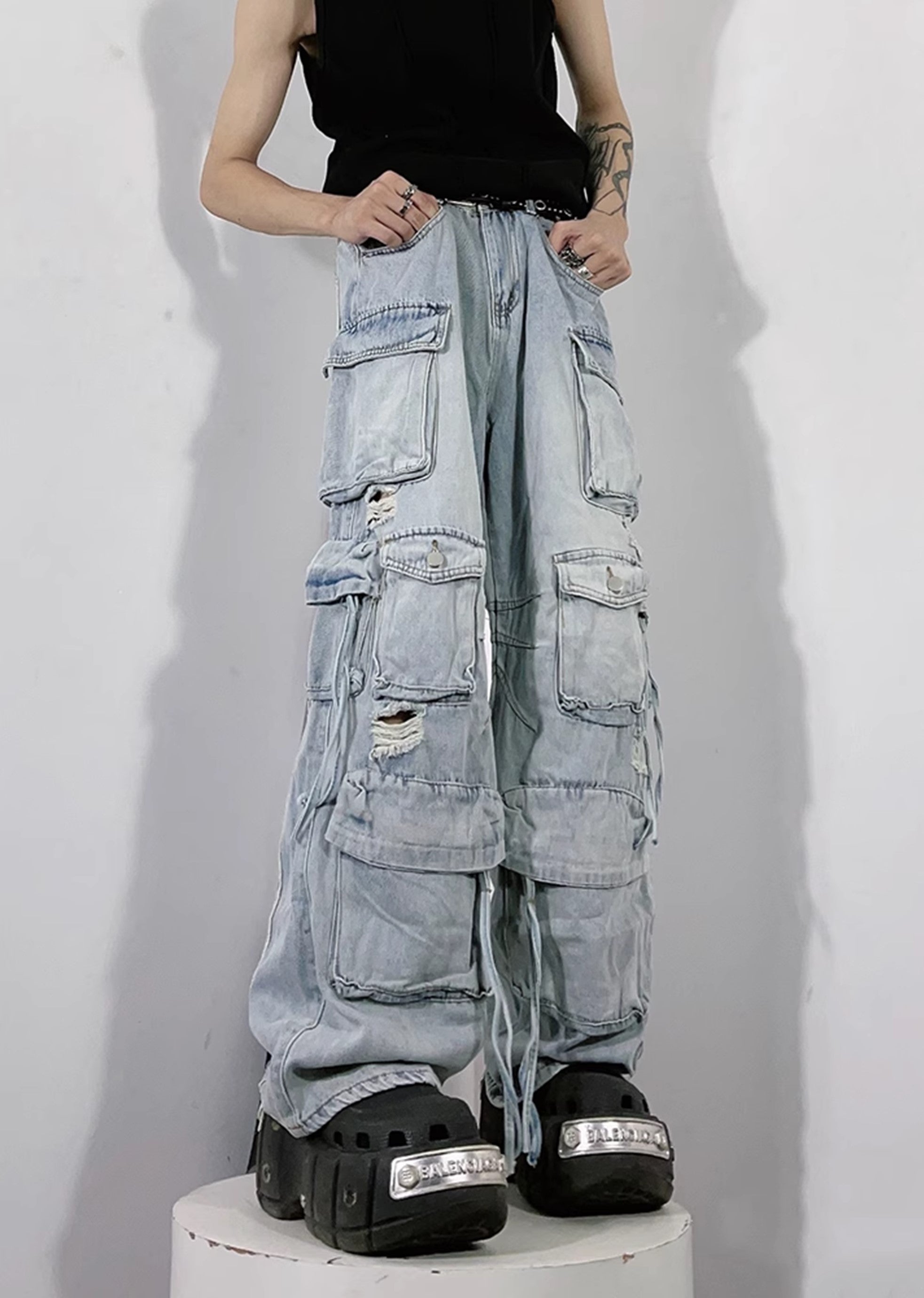 [76street] Countless pocket design dull vintage cargo rise denim pants ST0005