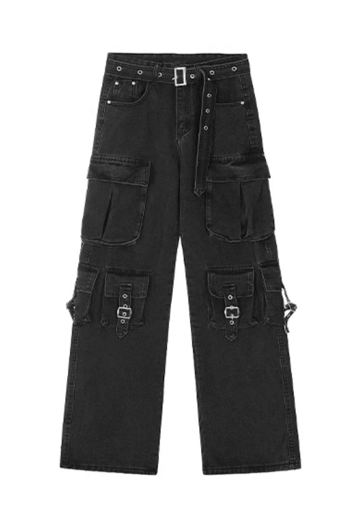 【TR BRUSHSHIFT】Thick fabric wide silhouette multi cargo denim pants  TB0036