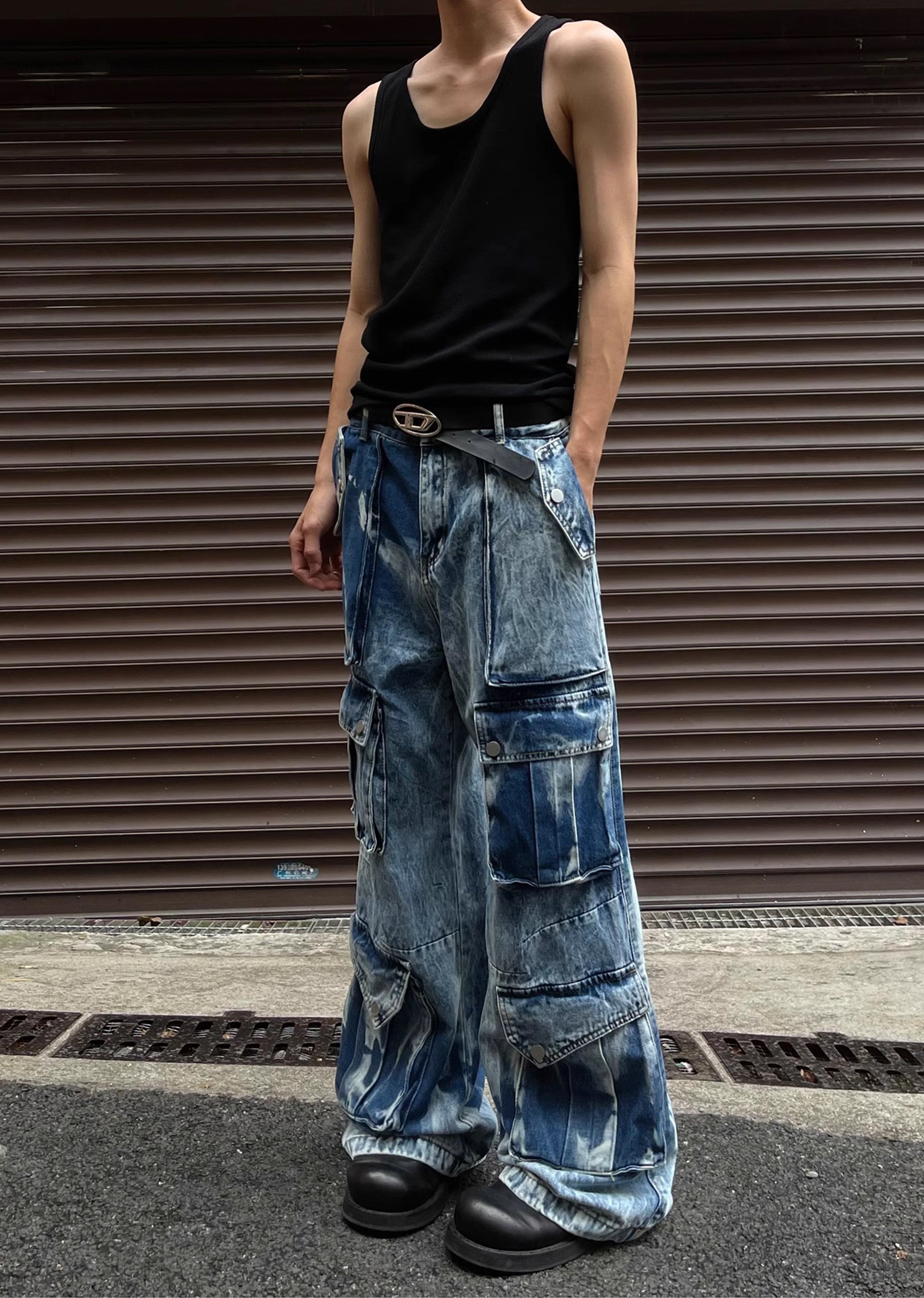 Random wash processing gimmick design blue denim pants