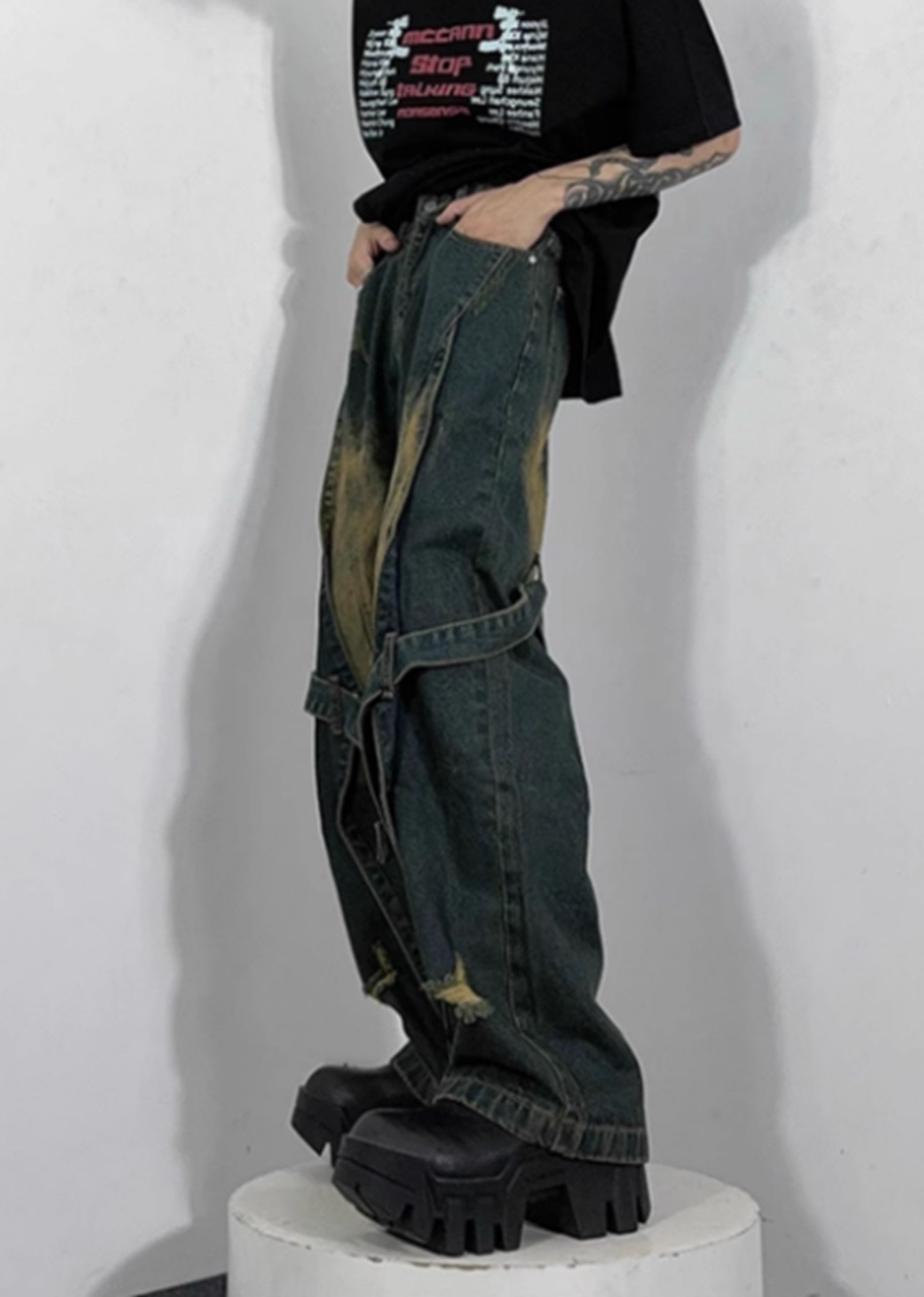 [76street] Dull washed vintage style suspender denim pants ST0008