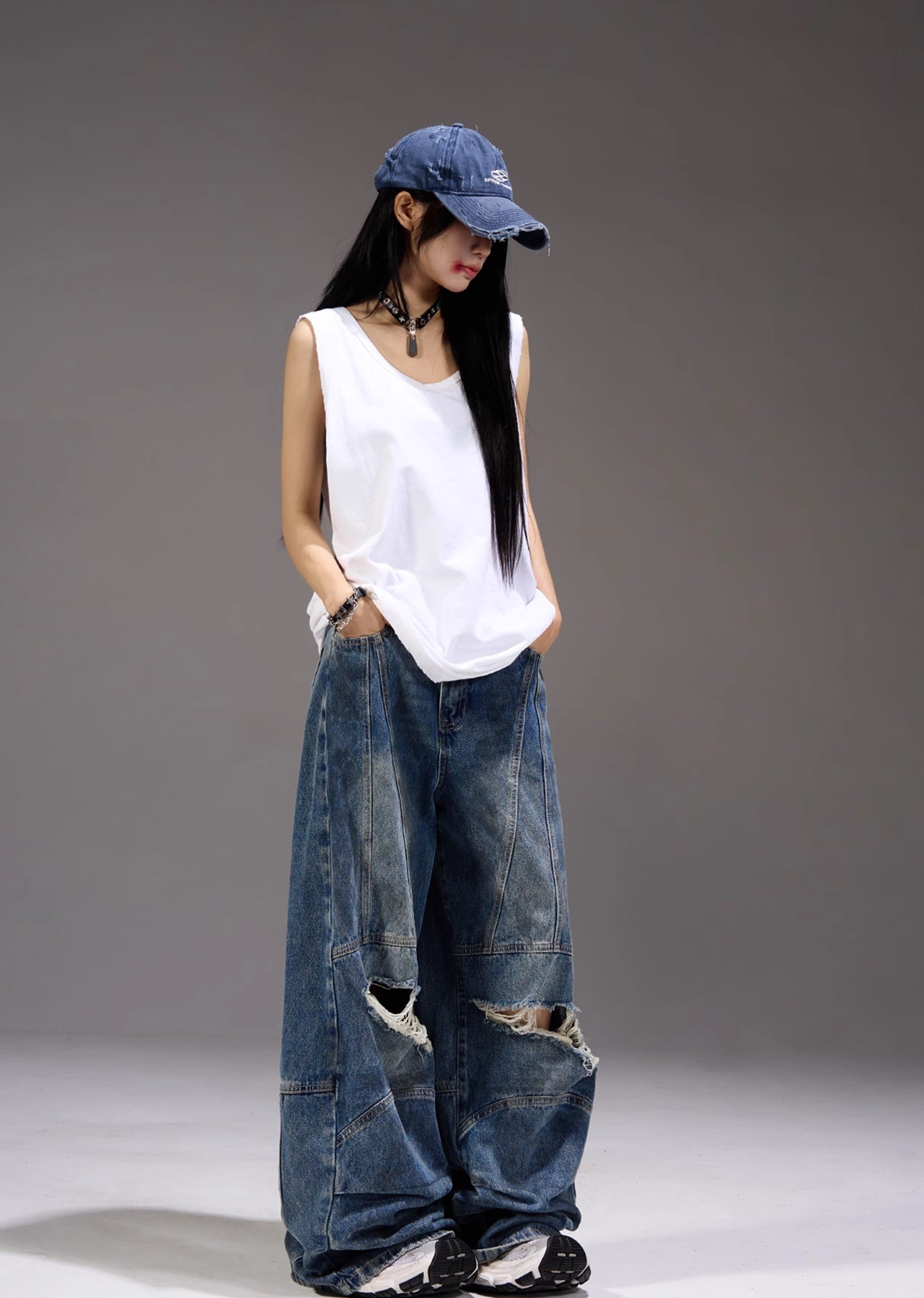 【MAXDSTR】Dull knee damage processing mid-light wide straight denim pants  MD0155