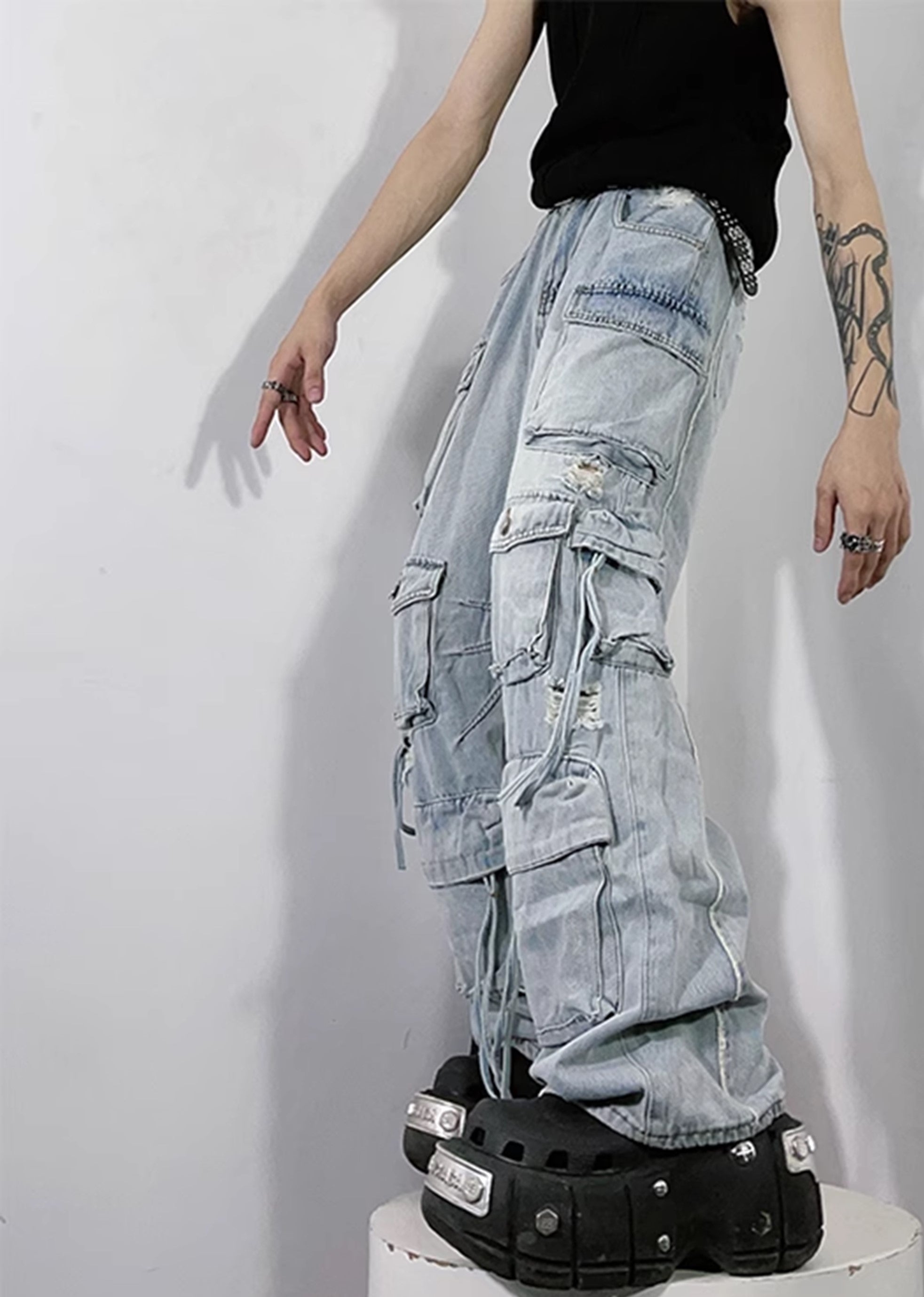 [76street] Countless pocket design dull vintage cargo rise denim pants ST0005