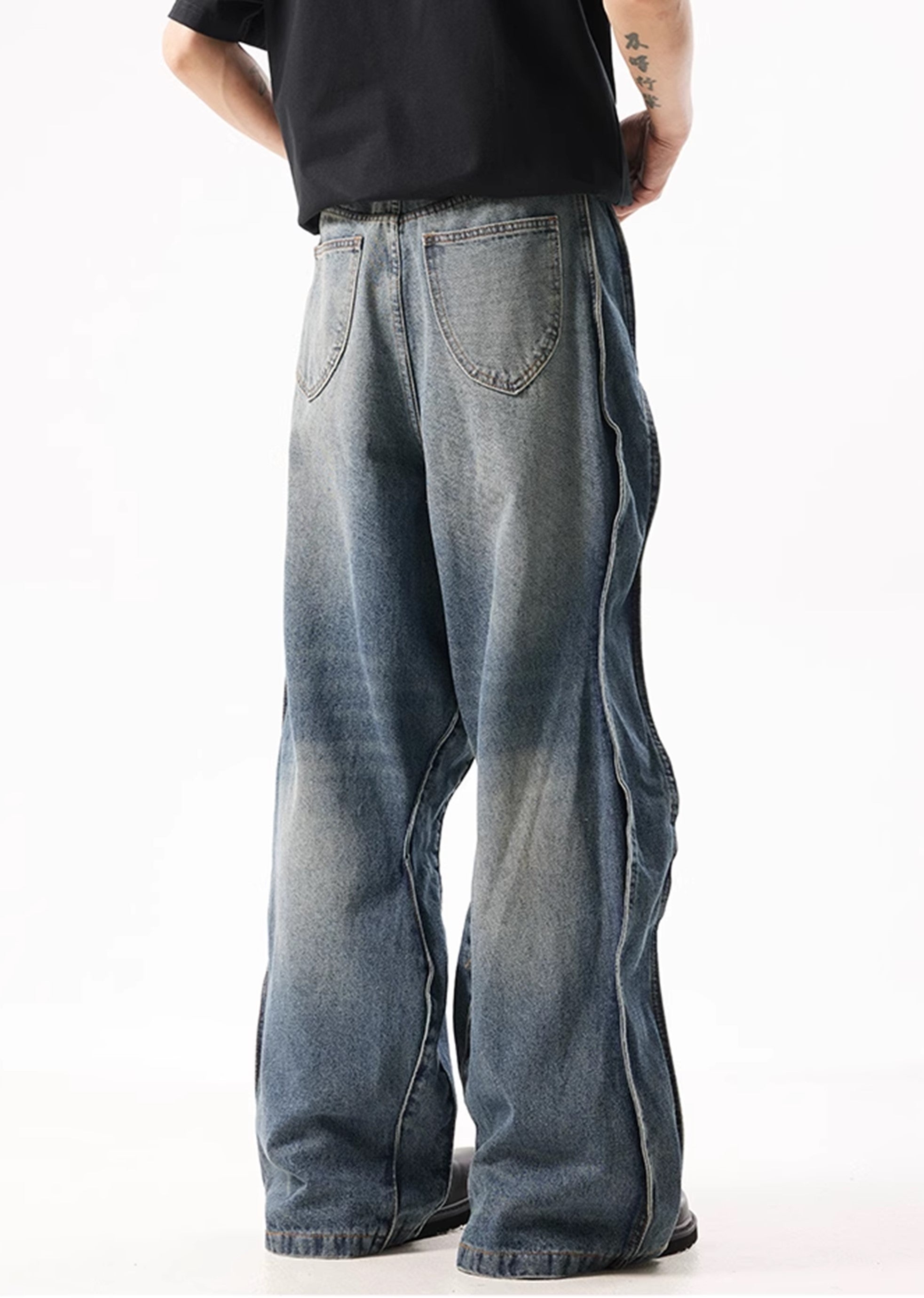 Unique side design line basic blue denim pants