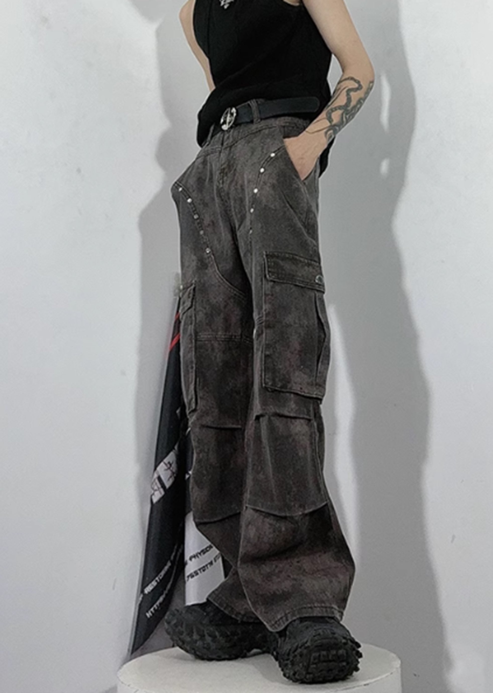 [76street] Dull grunge style vintage processed slim cargo denim pants ST0003