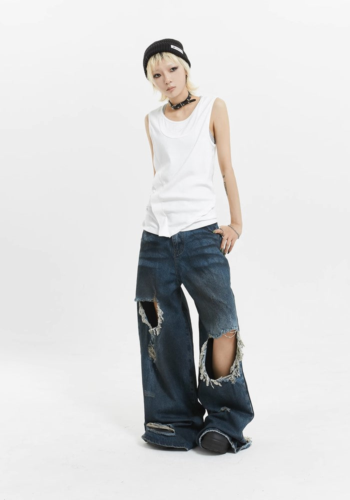 【MICHINNYON】Mid-length distressed navy denim wide pants  MY0004