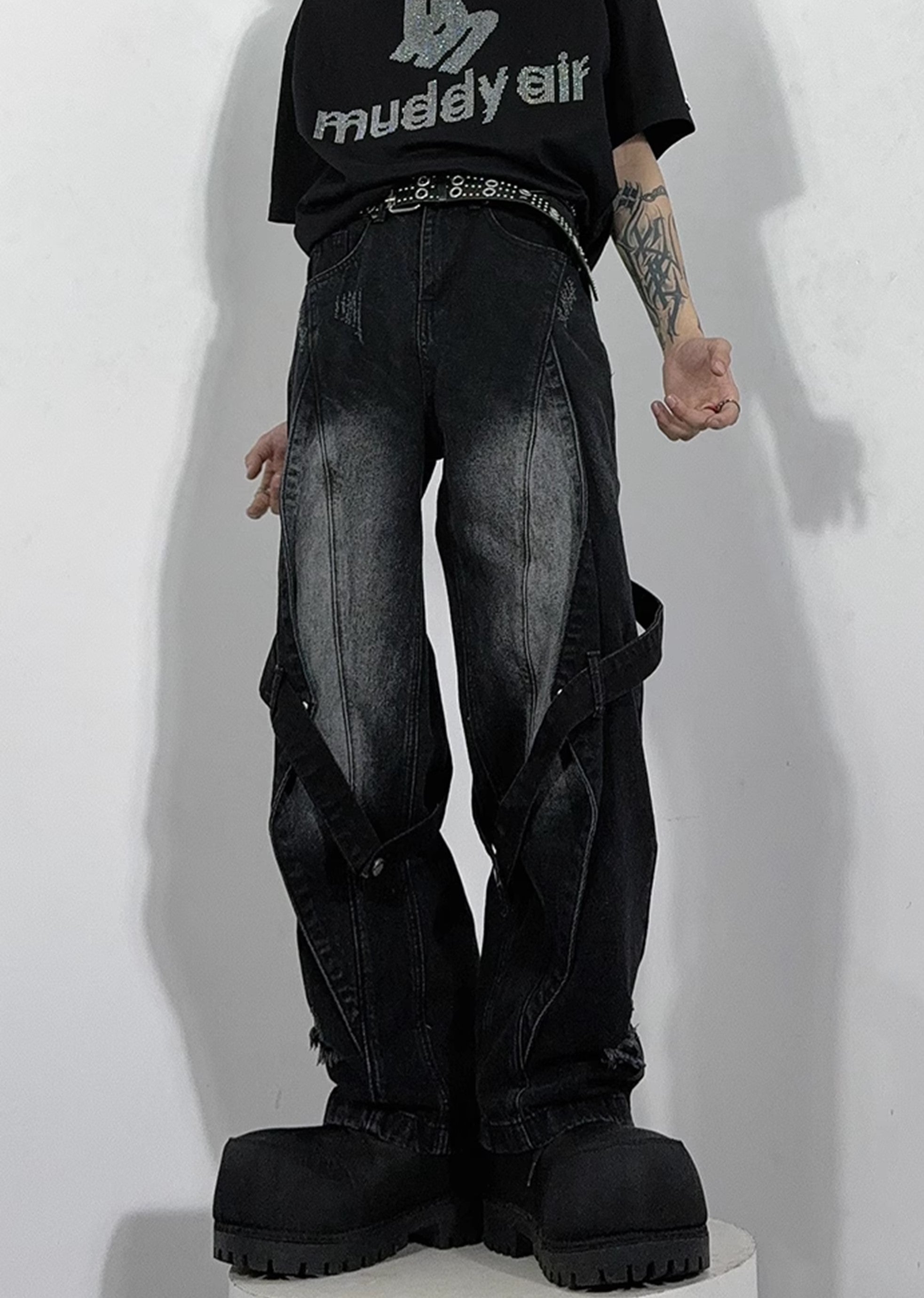 [76street] Dull washed vintage style suspender denim pants ST0008