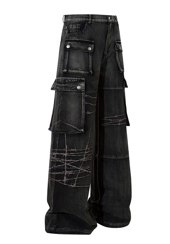 【TR BRUSHSHIFT】Simple double pocket design dull black cargo denim pants  TB0038