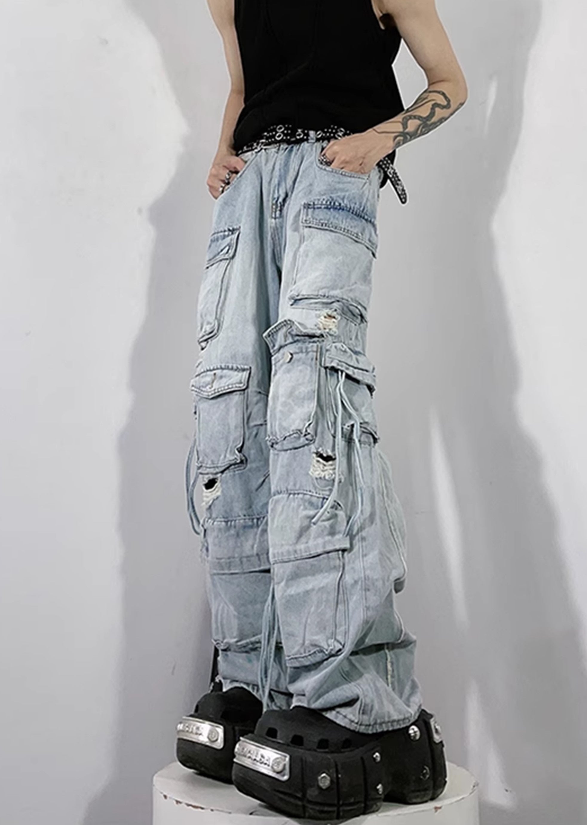 [76street] Countless pocket design dull vintage cargo rise denim pants ST0005