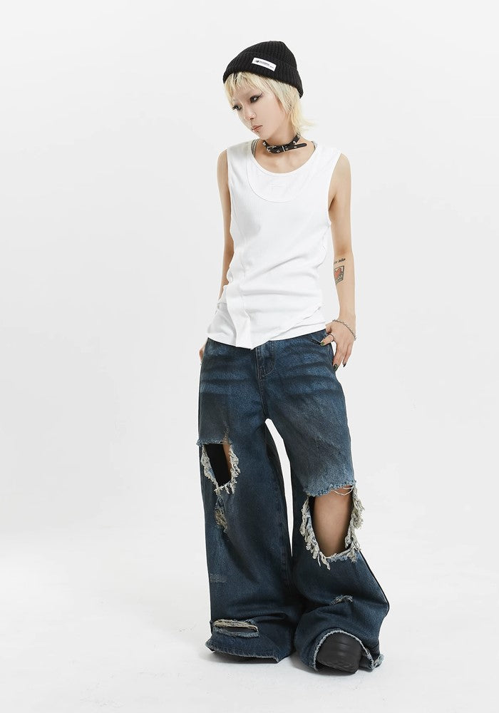 【MICHINNYON】Mid-length distressed navy denim wide pants  MY0004