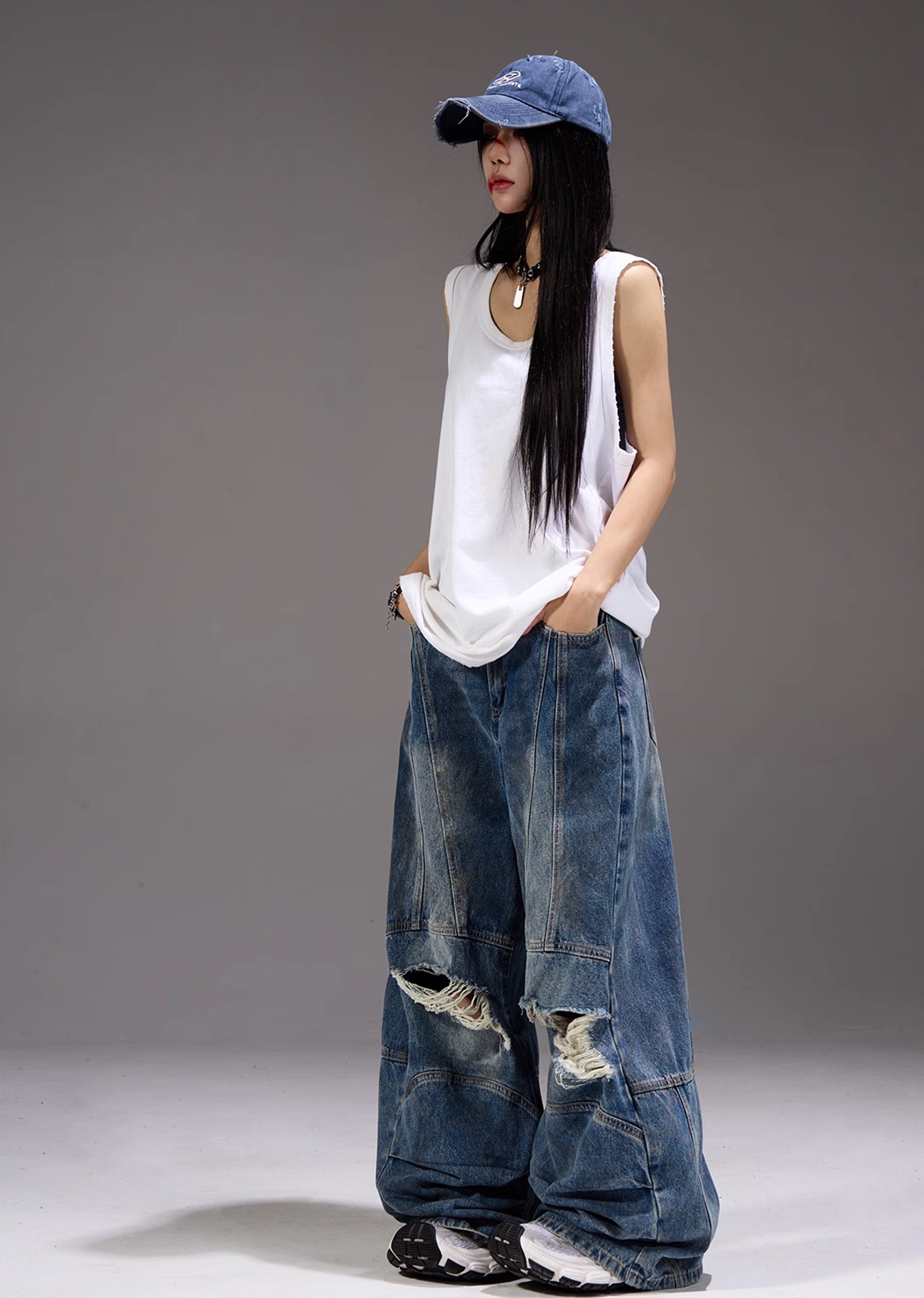 【MAXDSTR】Dull knee damage processing mid-light wide straight denim pants  MD0155