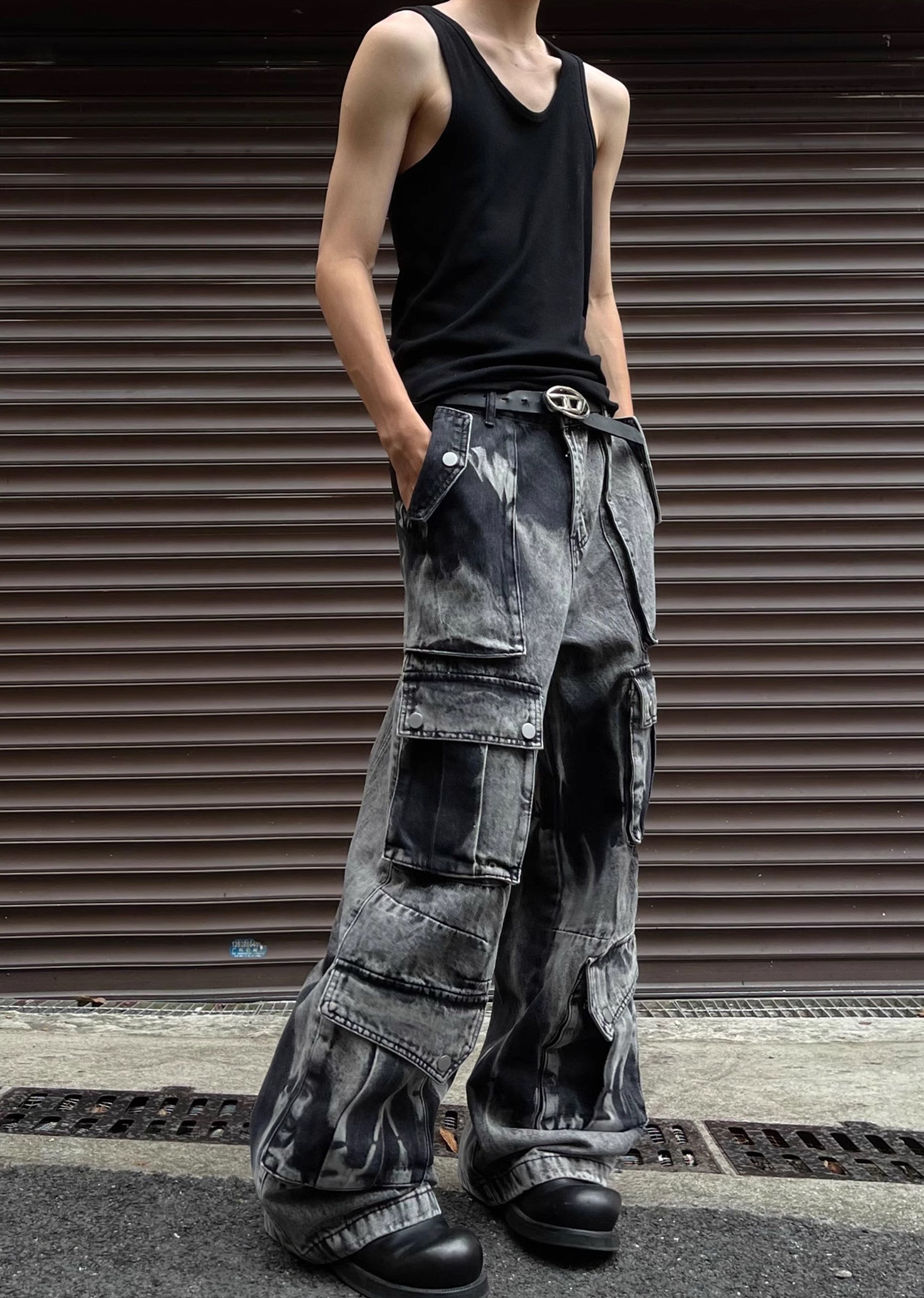 Random wash processing gimmick design gray denim pants MD0149