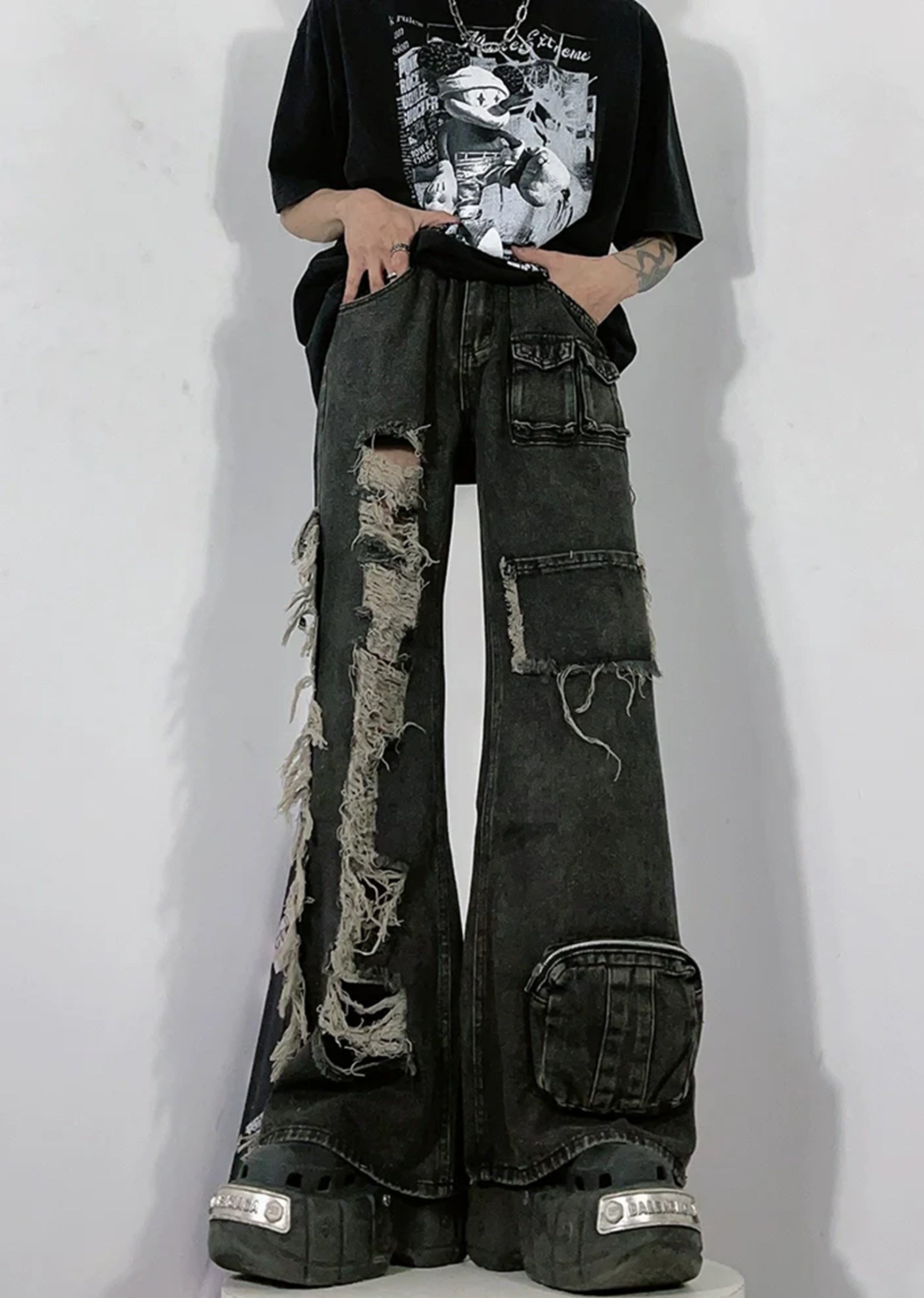 [76street] Left and right design wide cargo distressed silhouette denim pants ST0001