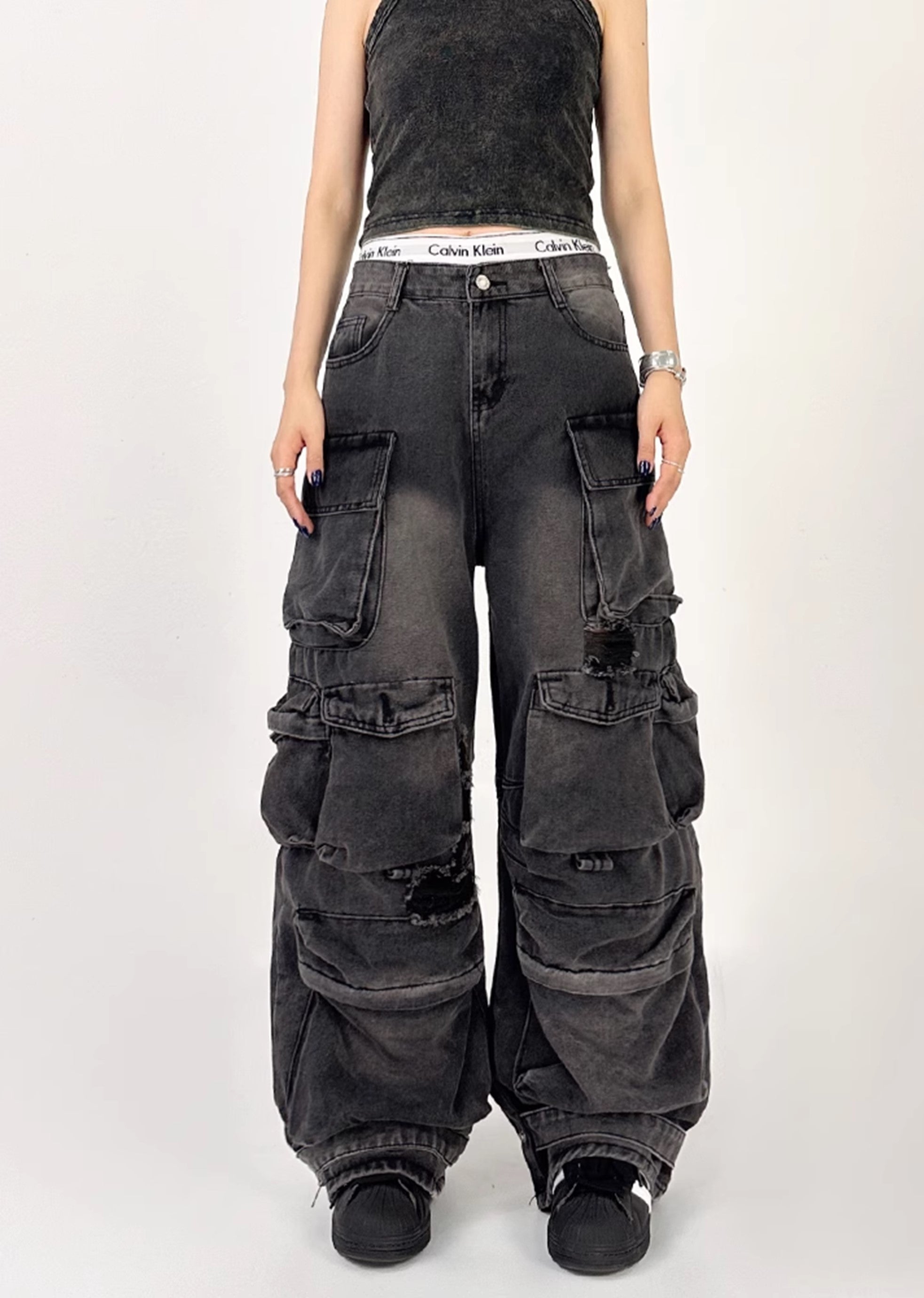 [4/29 New] Countless pocket design dull color wide bold denim pants HL3040