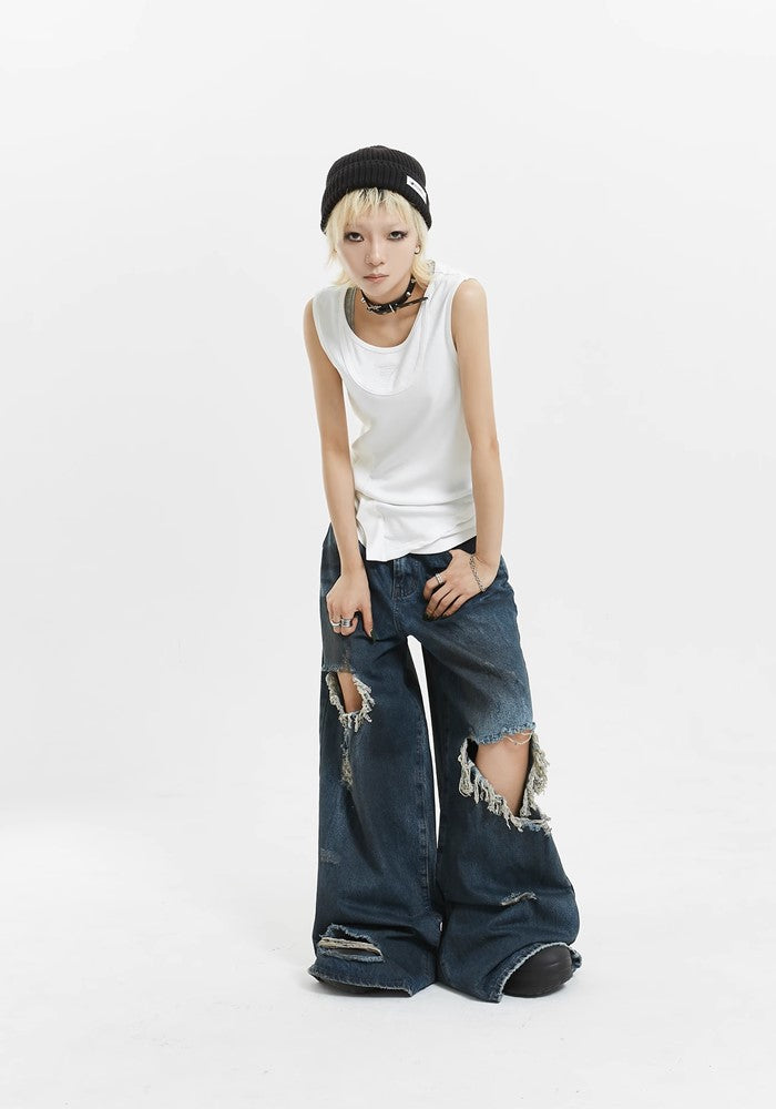 【MICHINNYON】Mid-length distressed navy denim wide pants  MY0004