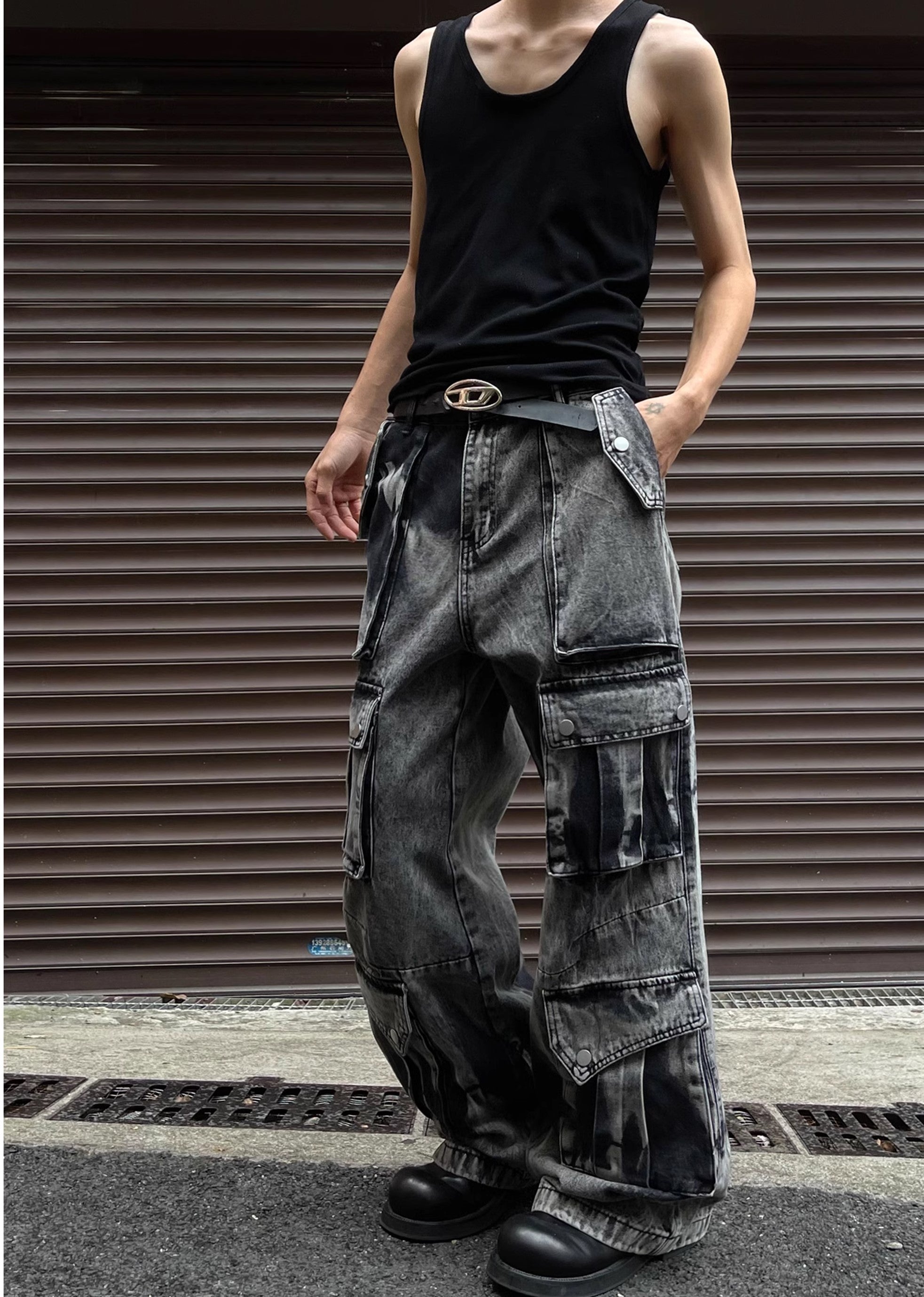 Random wash processing gimmick design gray denim pants MD0149